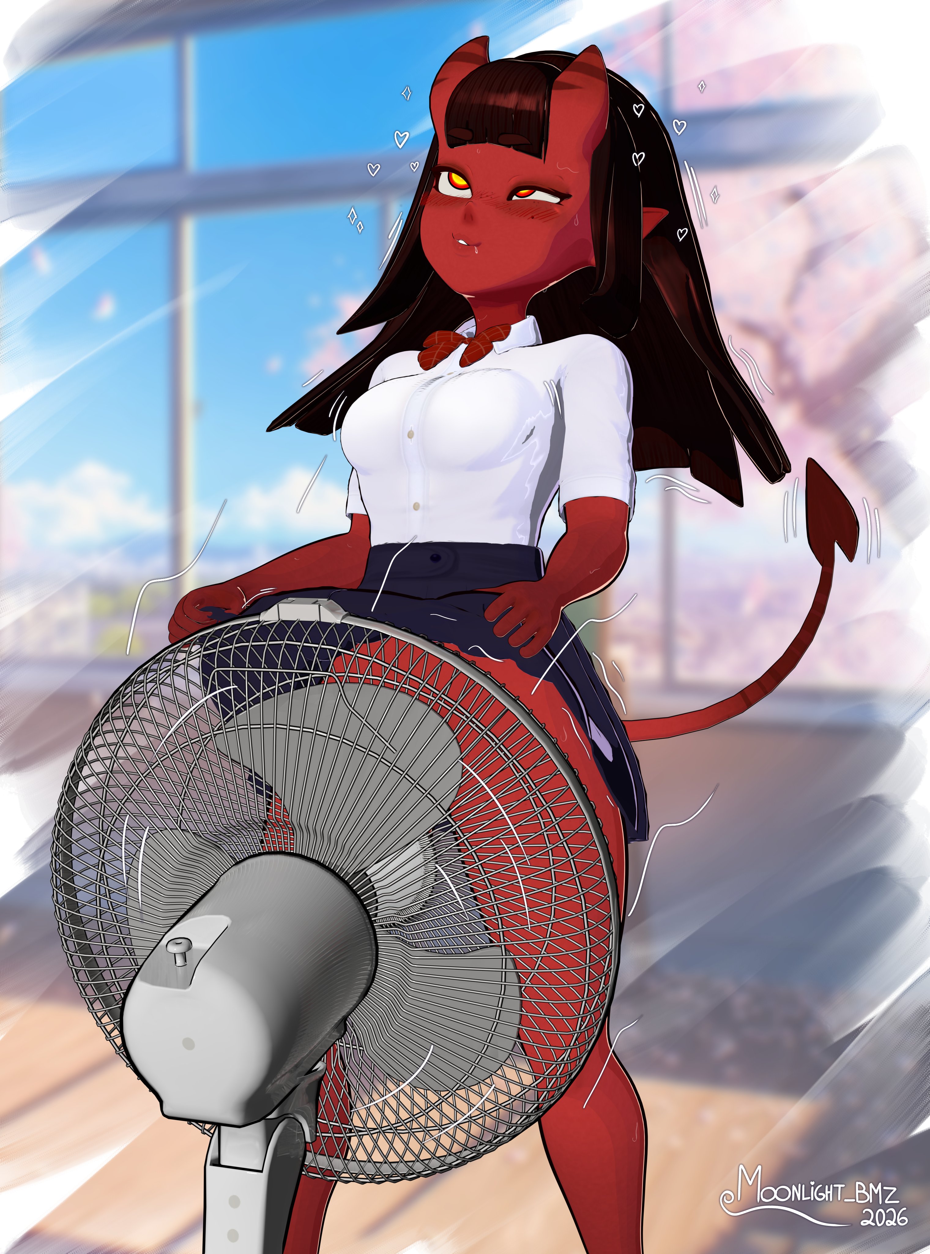 2026, 3d, 3d (artwork), absurd res, ahe gao, ahegao, ahegao face, artist name, bangs, biting lip, blush, blushing, bowtie, brown hair, brunette, cooling off, demon, demon girl, demon horns, demon humanoid, demon tail, drooling, exposed pussy, eyeliner, eyes rolled back, eyes rolling back, fan, fanning crotch, heart, heart symbol, hearts, highres, hot, meru (merunyaa), meruccubus (merunyaa), moonlight bmz, no panties, original, original character, pleasure face, pleasured, pointy ears, red body, red skin, relieved, revealing pussy, school uniform, skirt, skirt lift, skirt lifted by self, skirt up, succubus, succubus horns, succubus tail, summer, sweating, sweaty, sweaty body