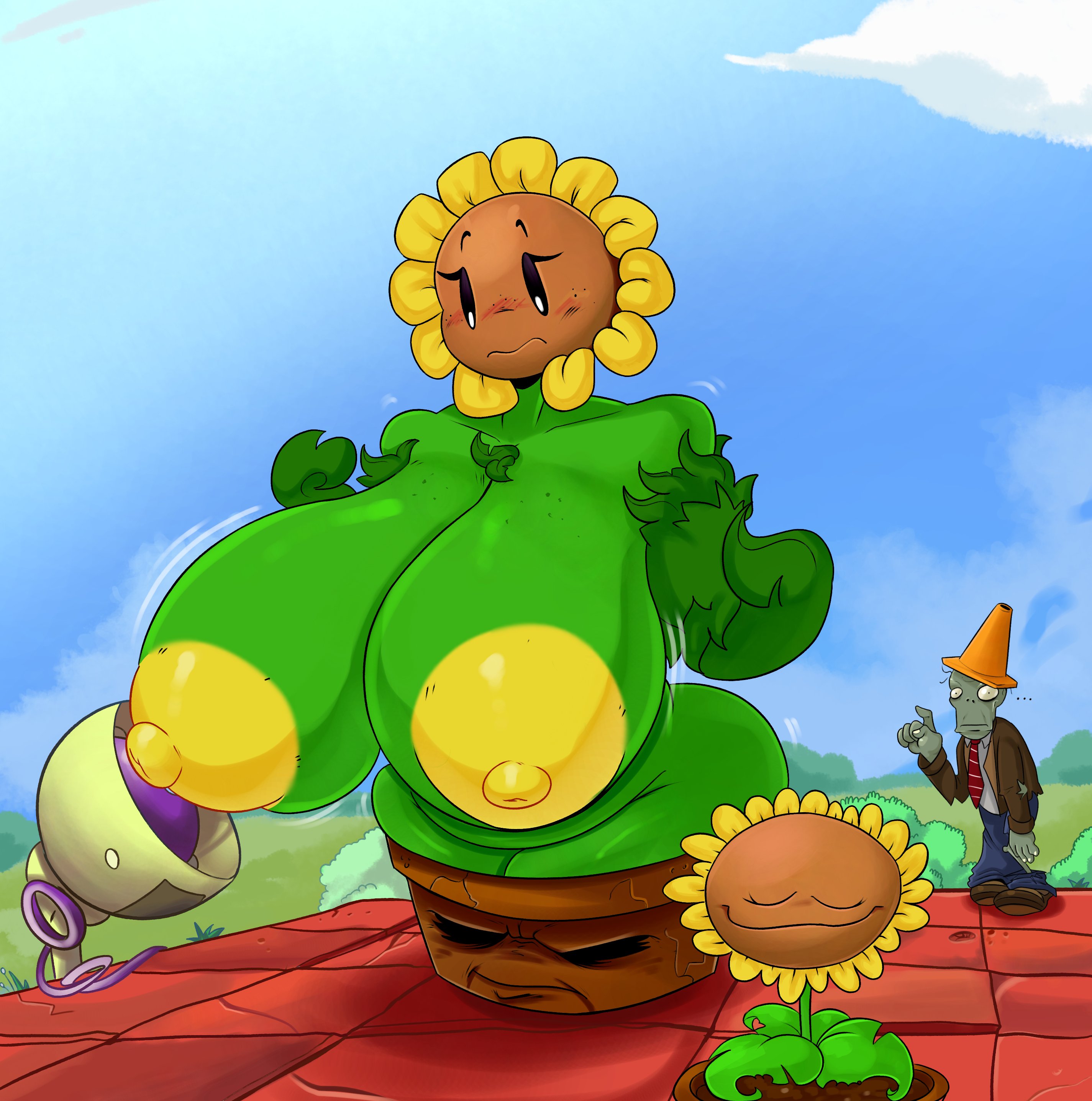 1girls, anthro, anthrofied, ass, ass focus, big breasts, blonde hair, blush, bodysuit, breasts, cameltoe, chest hair, chest tuft, electronic arts, embarrassed, female, flora fauna, flower-pot (pvz), freckles, funny, funny face, huge breasts, ishowspeed, larger female, meme, meme reference, my mom is kinda homeless, nude, outdoors, outside, peak, plant, plant humanoid, plantie, plants vs zombies, plants vs. zombies, popcap games, rabbit5gamer, red eyes, roof, rooftop, smaller male, son, sunflower (pvz), sweat, text, thick thighs, tomboy, tuff, video game character, video games, zombie, zombie (pvz)