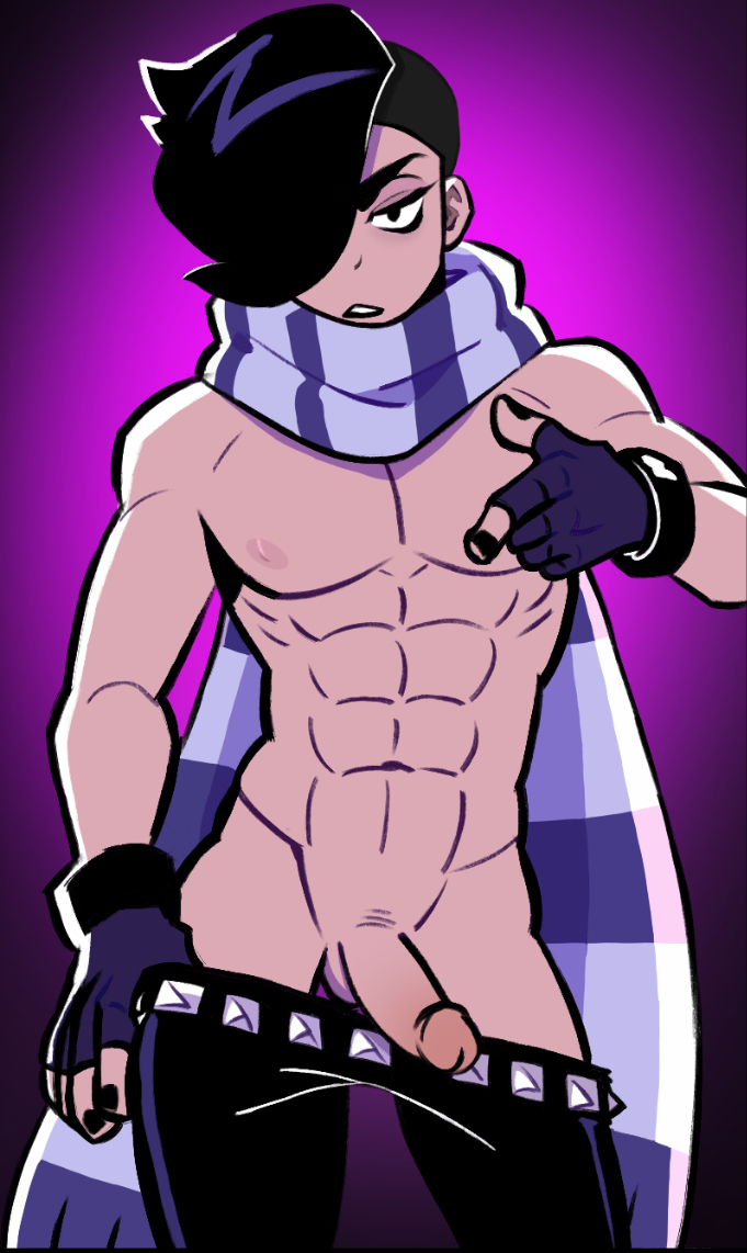 1boy, ai generated, brawl stars, dick, edgar (brawl stars), emo, fingerless gloves, gay, goth, male, male only, muscular, one eye covered, painted nails, pulling down pants, scarf, seductive, seductive look, shirtless, simple background, solo, studded belt, supercell, supercell (company), twink, yaoi