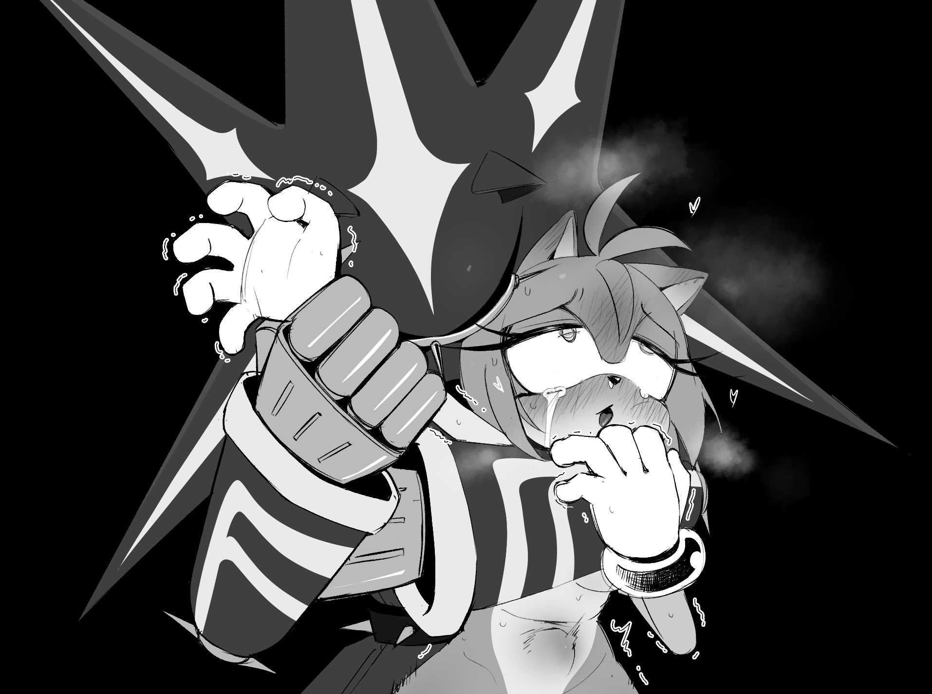1boy, 1boy1girl, 1girls, ambiguous penetration, amy rose, autoerotic asphyxiation, bangs, black background, blush, chillidog0, choking, crying, crying with eyes open, ear blush, eyes rolling back, flushed, greyscale, headlock, heart, metal sonic, monochrome, neo metal sonic, robot, robot anthro, robot boy, robot joints, rough sex, sonic (series), sonic heroes, sonic the hedgehog (series), steamy breath, stomach bulge, stomach deformation, tongue out, tremble spikes, trembling