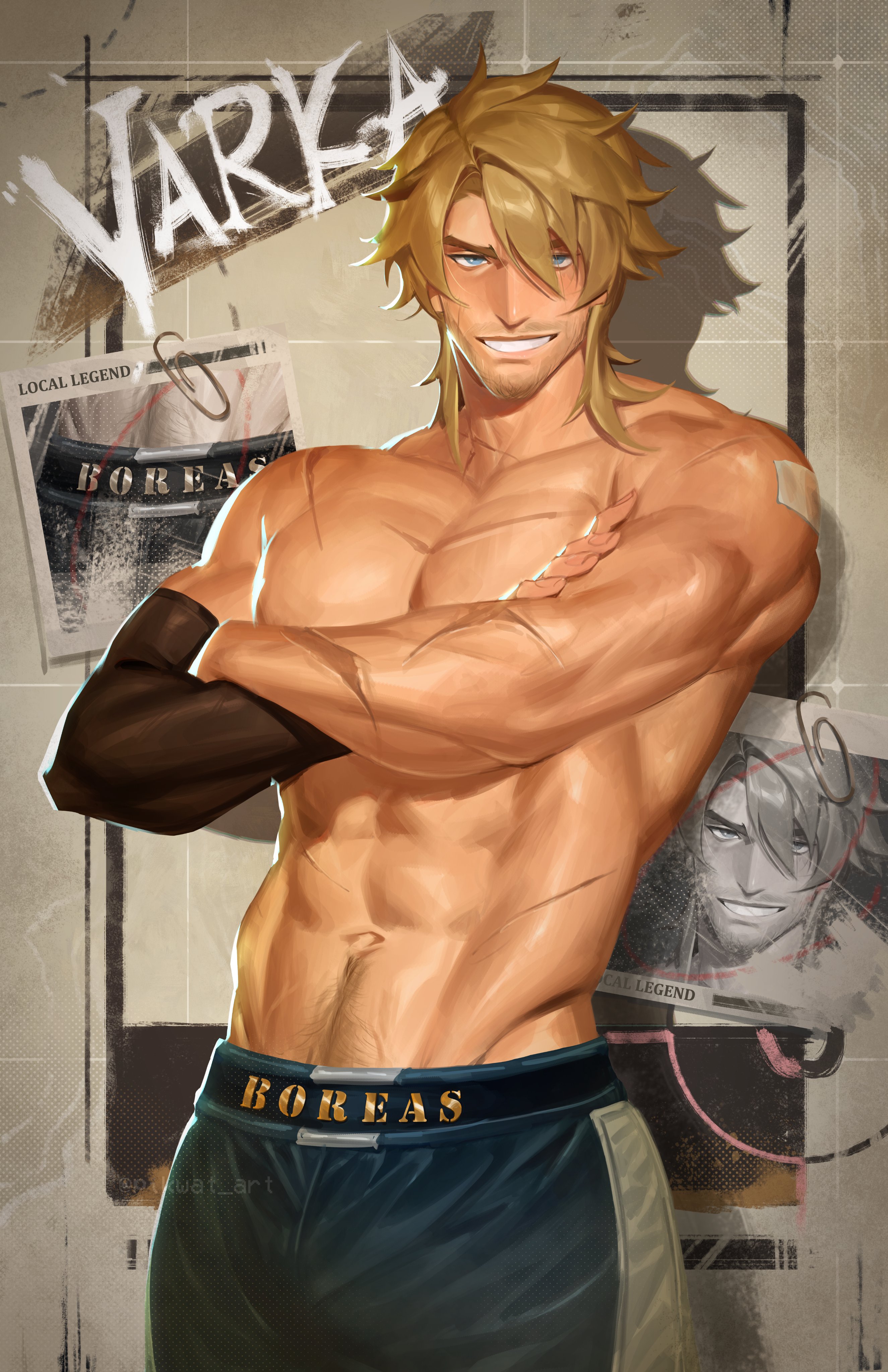 1boy, bara, beard, beard stubble, bearded, big muscles, blond, blond hair, blond hair male, blond haired male, blond male, blonde, blonde hair, blonde hair male, blonde haired male, blonde male, blonde-haired male, facial hair, facial stubble, gay, genshin impact, happy trail, hoyoverse, male only, muscular, muscular male, pikwat, shirtless, shirtless (male), shirtless male, stubble, varka, varka (genshin impact), yaoi