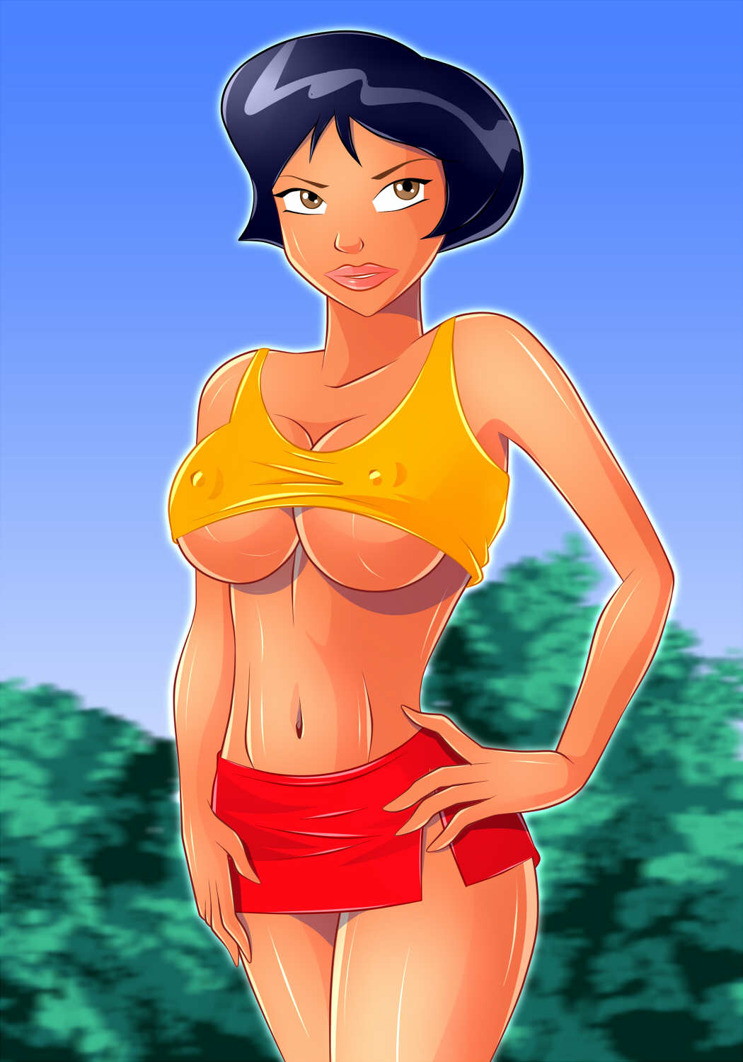 1girls, alex (totally spies), breasts, busty, cleavage, dark skin, dark-skinned female, erect nipples, female, female only, hourglass figure, human, microskirt, nipples, short skirt, solo, totally spies, underboob, voluptuous, zfive