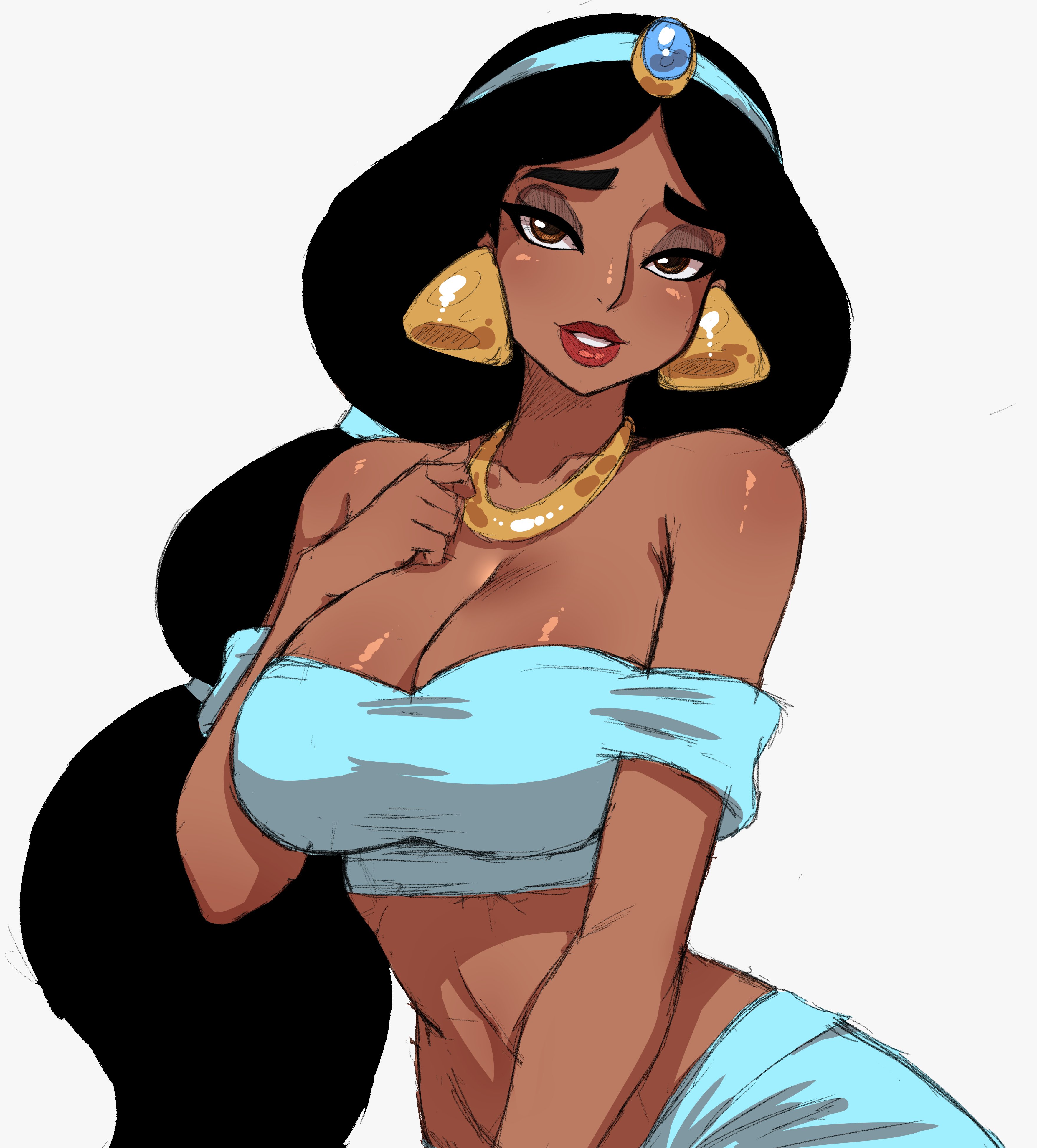 1girls, absurdres, aladdin (1992 disney film), arabian clothes, bandeau, black hair, breasts, cleavage, dark skin, dark-skinned female, disney, disney princess, earrings, forehead jewel, gold necklace, highres, jewelry, large breasts, long hair, midriff, multi-tied hair, necklace, off shoulder, off-shoulder bandeau, princess jasmine, simmsy, simple background, standing, triangle earrings, white background