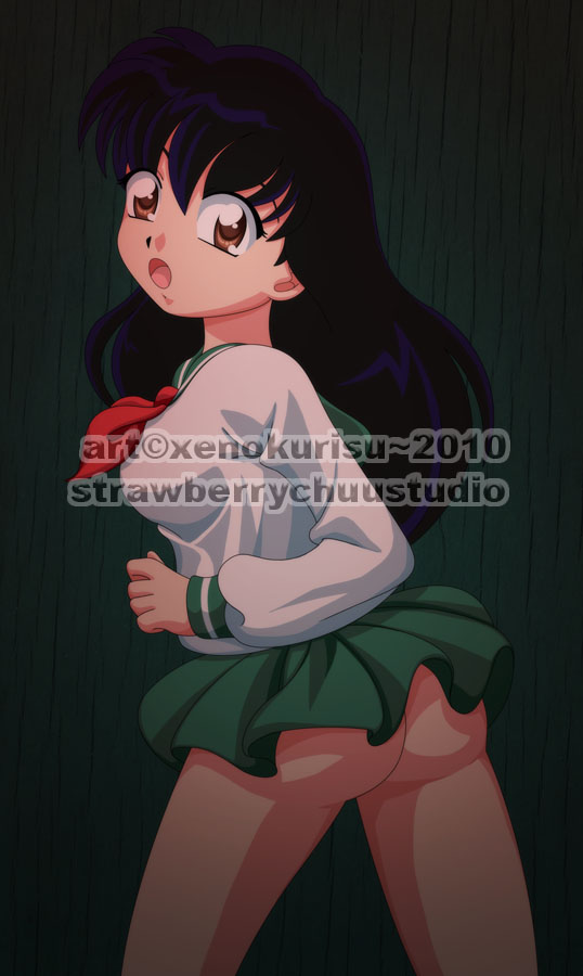 ass back_view higurashi_kagome inuyasha kagome_higurashi no_panties short_skirt solo xenokurisu