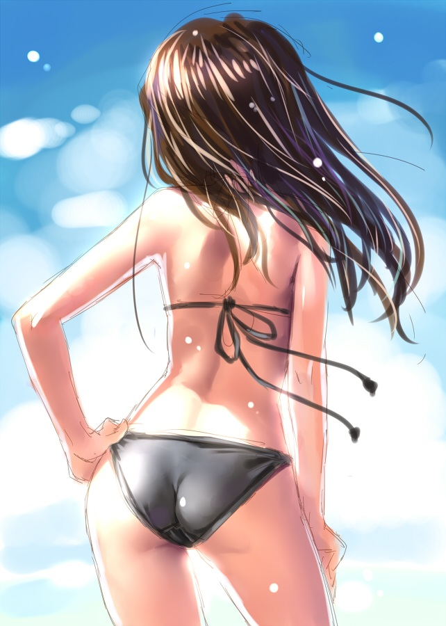 ass back bare_shoulders bikini blue_sky brown_hair curves female from_behind hand_on_hip katahira_masashi long_hair natal_cleft original solo swimsuit thighs