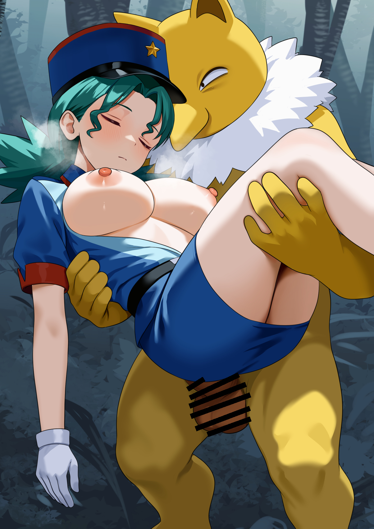 1girls, asleep, big breasts, blue skirt, breasts, breasts out, censored penis, closed eyes, clothing, female, forest, forest background, gloves, hat, hypno, interspecies, kidnapped, legs together, officer jenny (pokemon), outdoors, pokemon, pokemon (anime), pokephilia, police uniform, policewoman, princess carry, shoichi (artist), skirt, sleeper (pokemon), sleeping, somnophilia, turquoise hair
