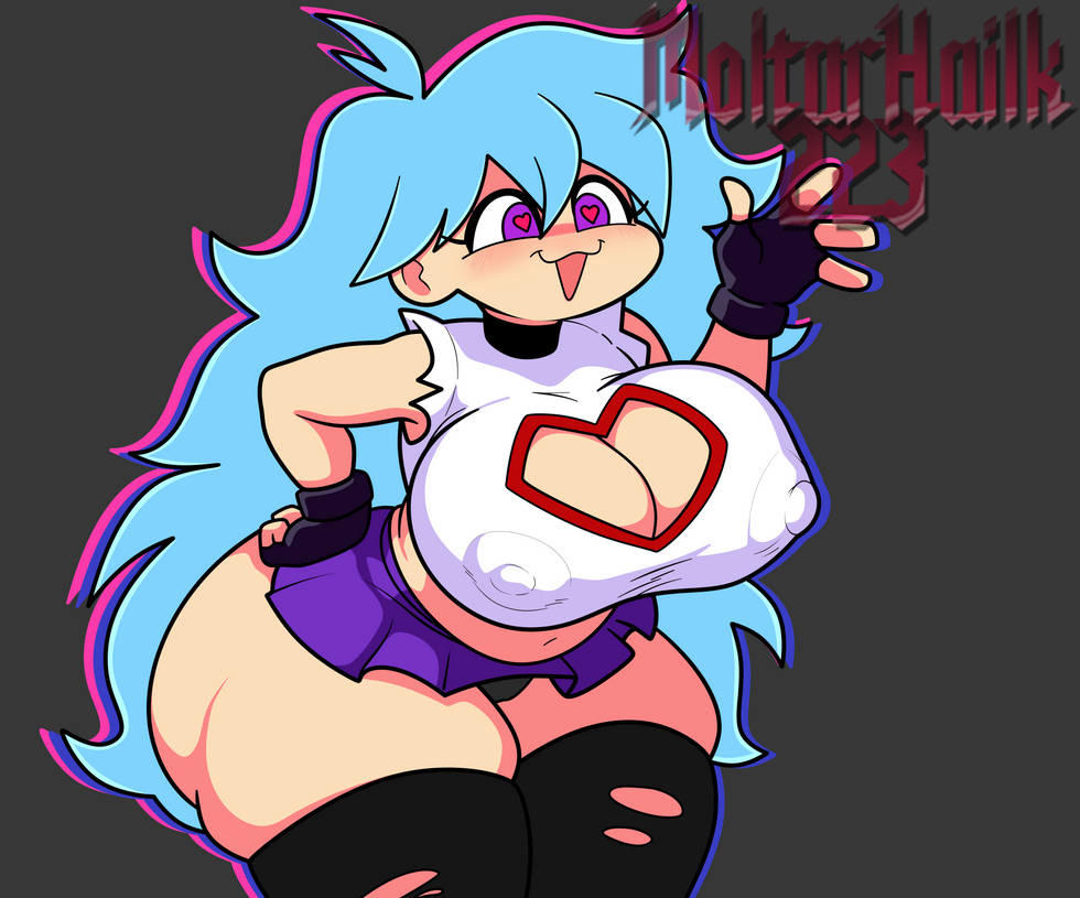:3, 1girls, artist name, blue hair, blush, breasts, chubby, chubby female, cleavage, cleavage cutout, clothed, crop top, female, female only, fingerless gloves, friday night funkin, friday night funkin mod, gloves, heart-shaped pupils, large breasts, long hair, moltarhailk223, nipple bulge, open mouth, purple eyes, ripped clothing, skirt, sky (friday night funkin), skyblue, skyverse, smile, tagme, thick thighs, thighhighs, torn thighhighs, watermark