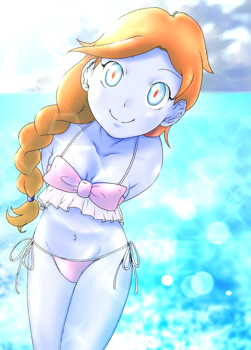 1girls alien alien_girl beach bikini blue_body blue_eyes blue_skin female hands_behind_back nintendo orange_hair orange_pupils petite petite_body pink_bikini pokemon pokemon_sm pokemon_usm ponytail small_breasts tied_hair ultra_recon_squad zossie_(pokemon)