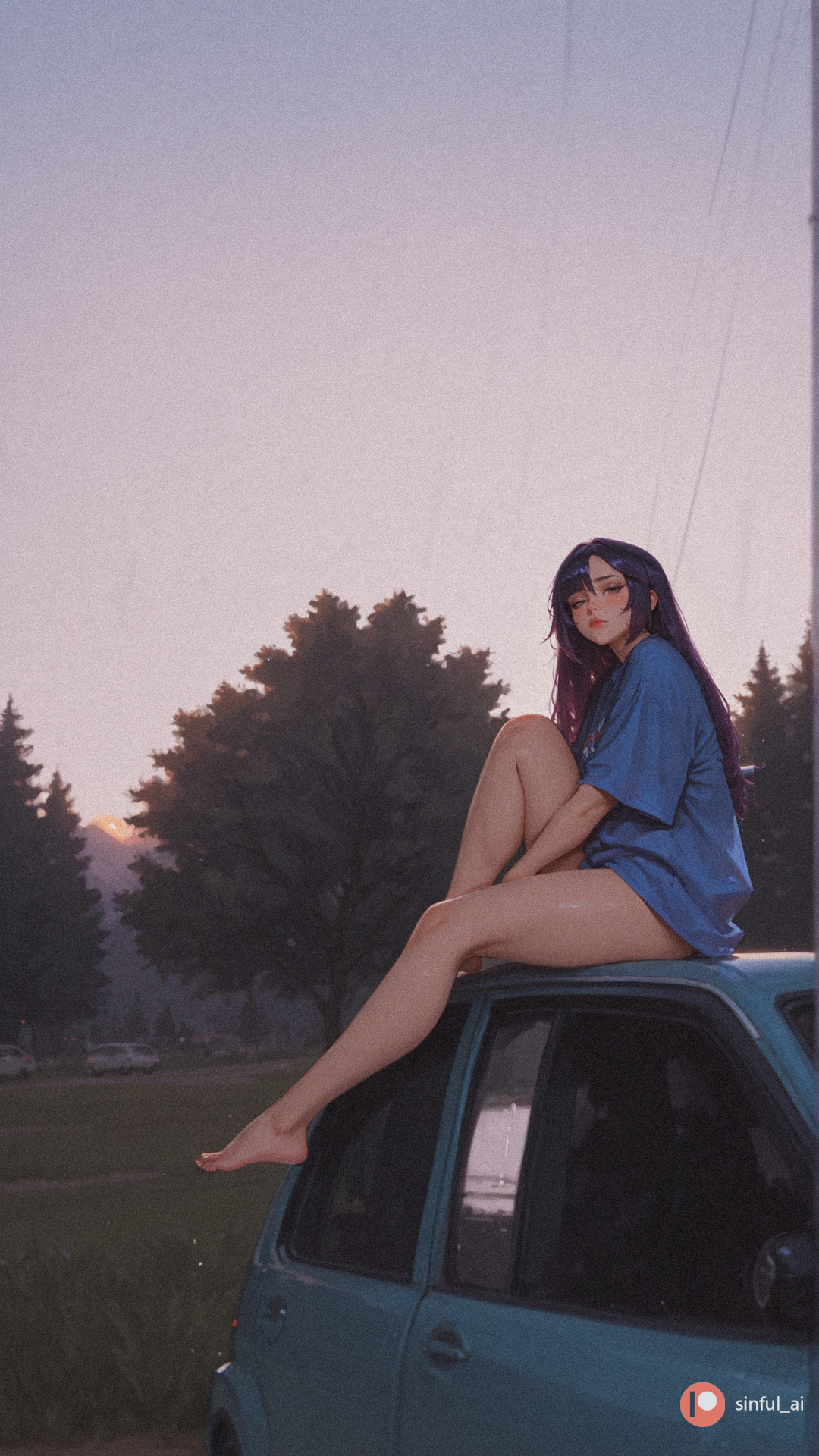 1girl, ai generated, aisinful, ass, barefoot, big ass, big boobs, big butt, blush, breasts, butt, car, closed eyes, facial mark, female, genshin impact, ground vehicle, hi res, large breasts, long hair, medium breasts, mona (genshin impact), motor vehicle, open mouth, outdoors, sitting, solo, thick thighs, tree, whisker markings, wide hips