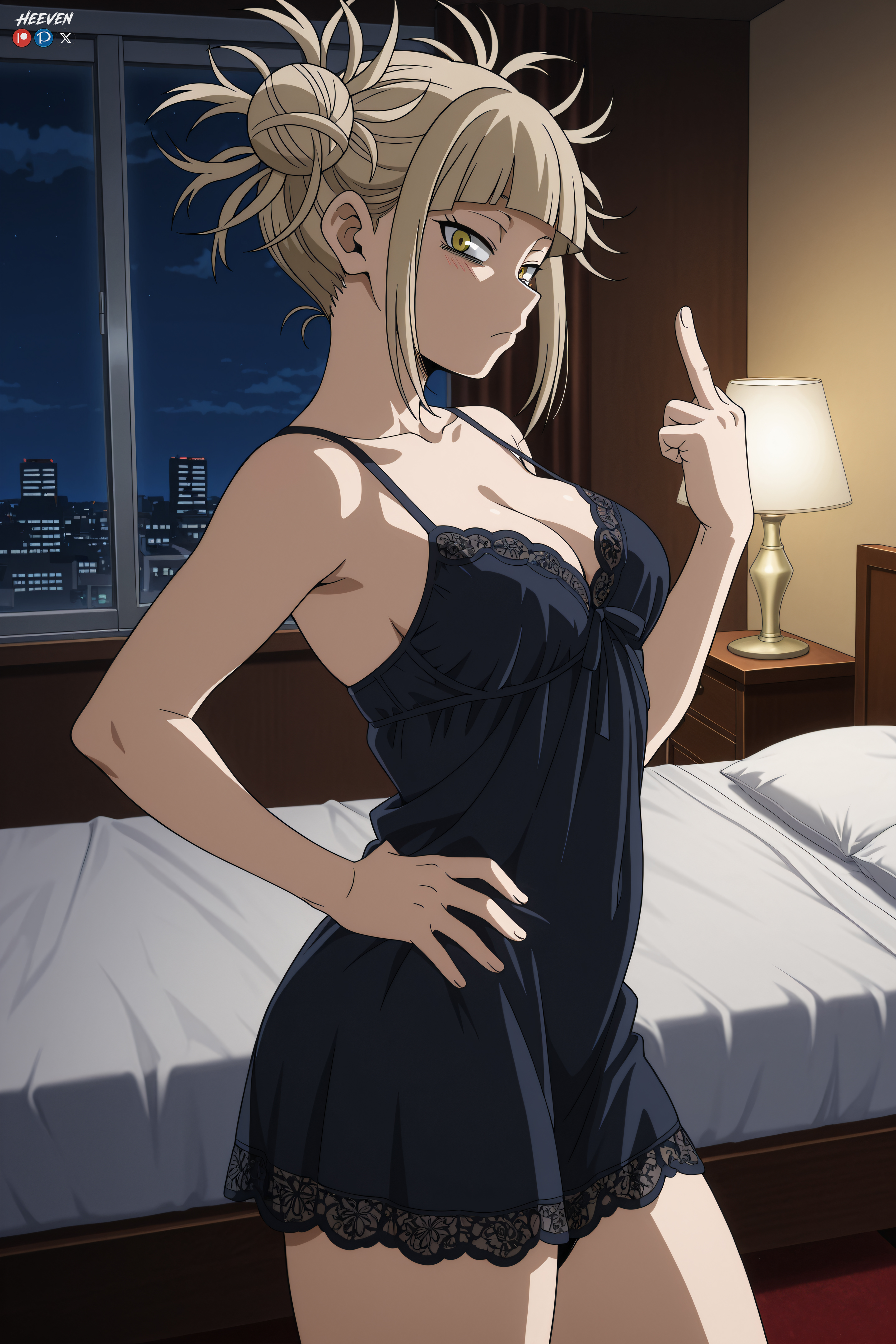 1girls, absurdres, adult, ai assisted, ai generated, big breasts, blonde hair, blonde-haired female, boku no hero academia, breasts, female, heeven, highres, himiko toga, male, mature, middle finger, my hero academia, patreon, patreon username, perfect body, toga himiko, uncensored
