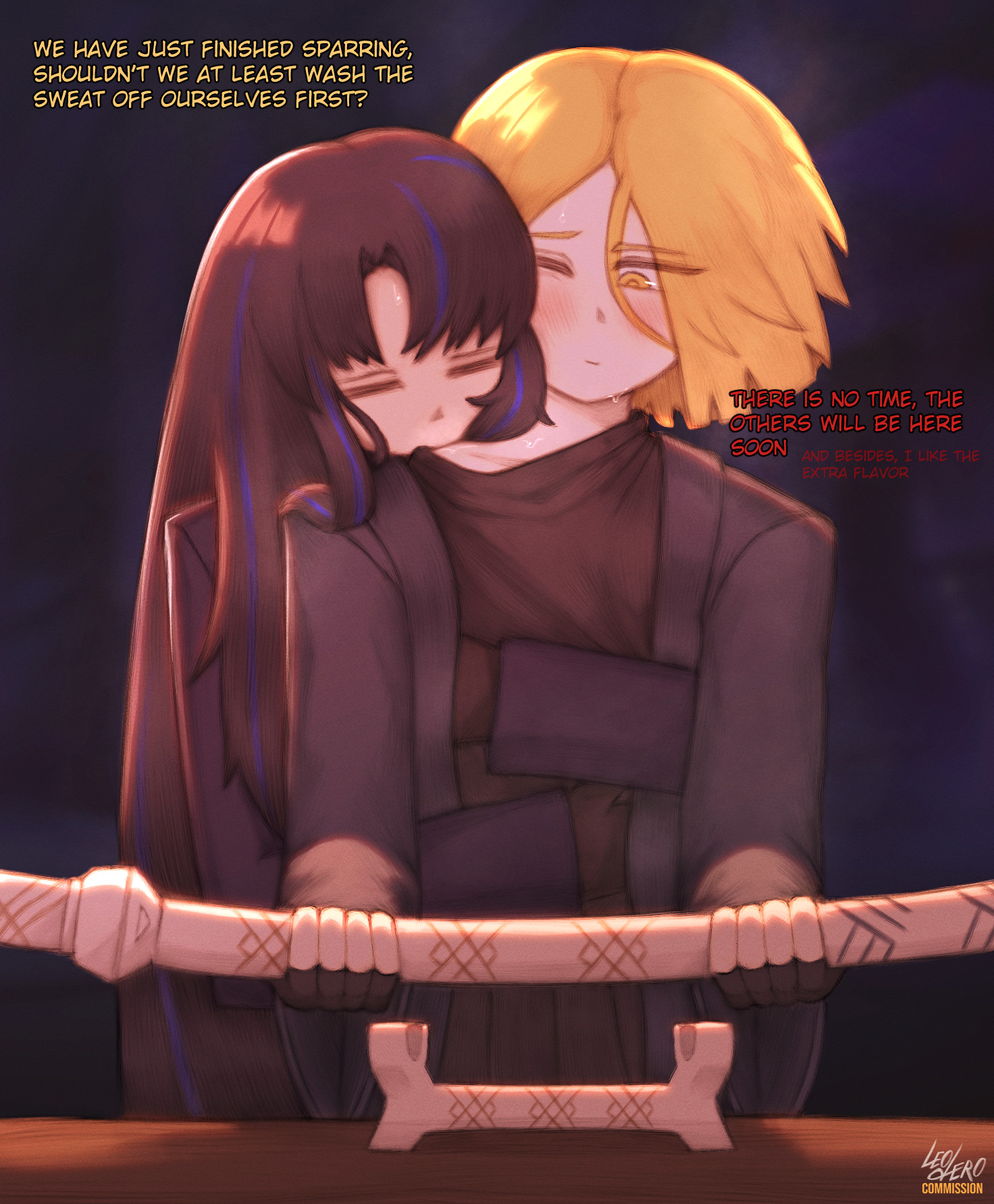 1boy, 1girls, blush, closed eyes, cute, fully clothed, hickey, hugging, hugging from behind, imminent sex, leoderorero, limbus company, long hair, master and student, neck kiss, project moon, ryoshu (limbus company), shipping, short hair, sinclair (limbus company), smaller male, text