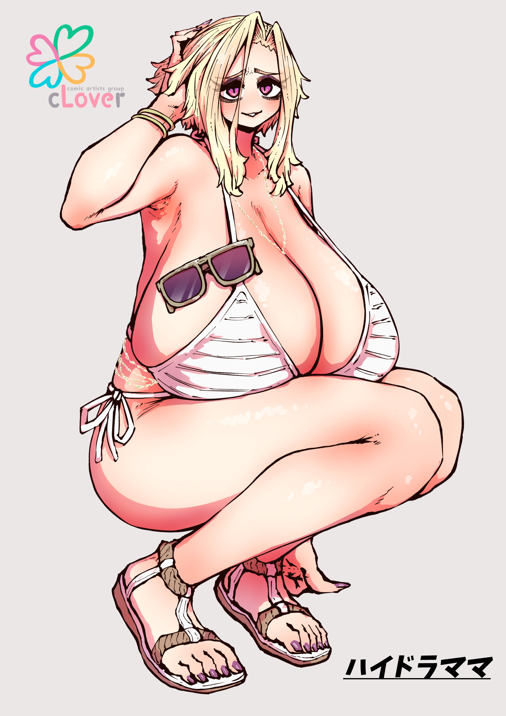 1girl, bare shoulders, being targeted by hyena-chan, bikini, blonde hair, blush, breasts, commentary request, gigantic breasts, haibara tatsumi, highres, looking at viewer, mature female, milf, navel, official art, pink eyes, purple nails, short hair, side-tie bikini bottom, slit pupils, smile, sunglasses, swimsuit, tall female, tinted eyewear, unworn eyewear, white bikini, zyugoya