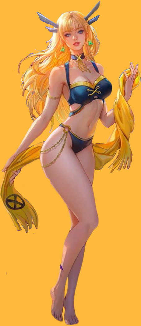 2d, 2girls, barefoot, beach, bikini, bikini top, black hair, blonde hair, breasts, clothed, fan yang, full body, fully clothed, hips, light-skinned female, long hair, looking at viewer, magik (illyana rasputin), magik (marvel rivals), marvel, marvel comics, marvel rivals, mutant (marvel), russian female, sand, solo, swimsuit, water, wide hips