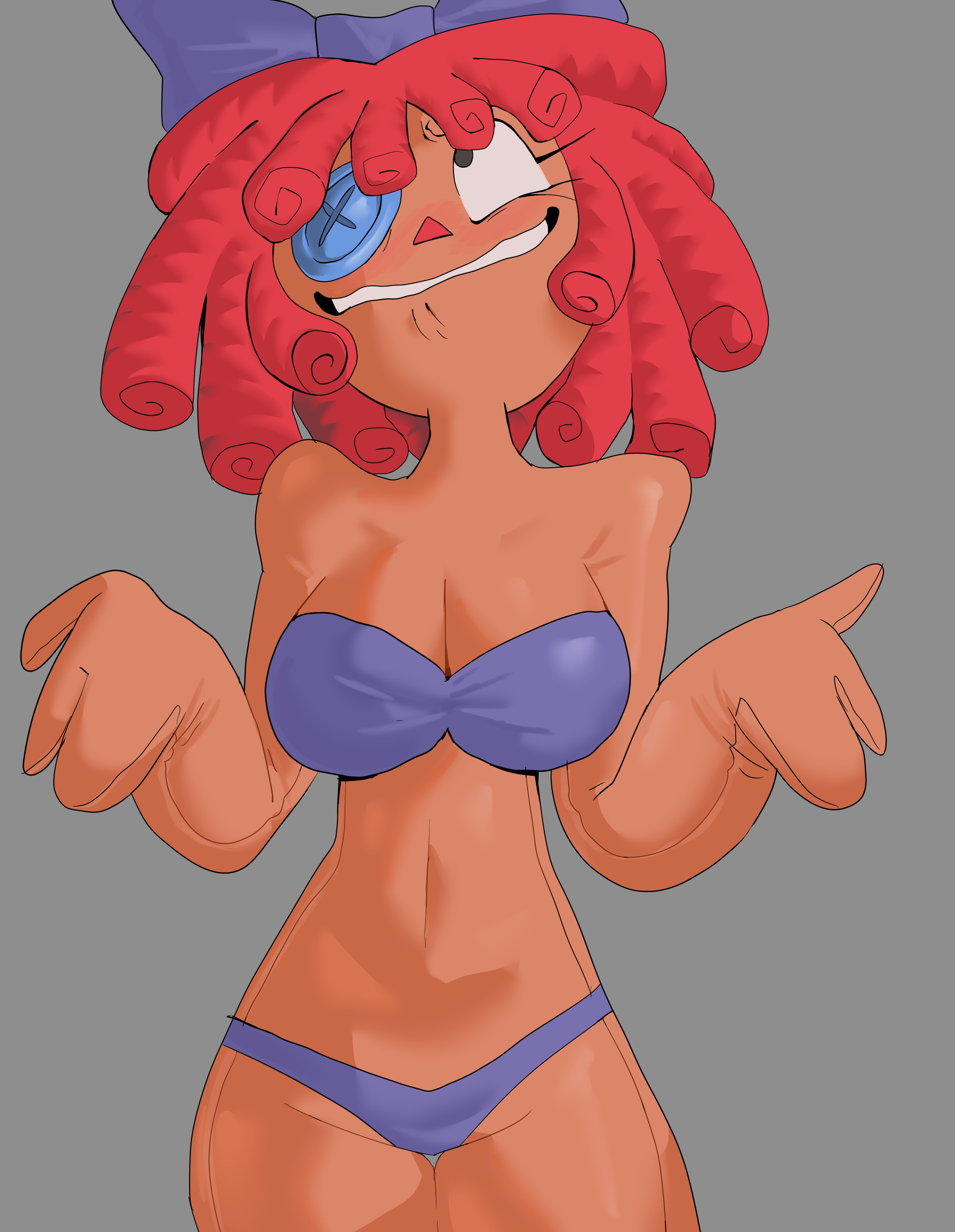 1girls, aaaaaron, aaaaaron122, bikini, blush, breasts, embarrassed expression, glitch productions, gooseworx, medium breasts, ragatha, ragatha (beach outfit), ragatha (tadc), ragatha (the amazing digital circus), shoulders, solo female, tagme, the amazing digital circus, thigh gap