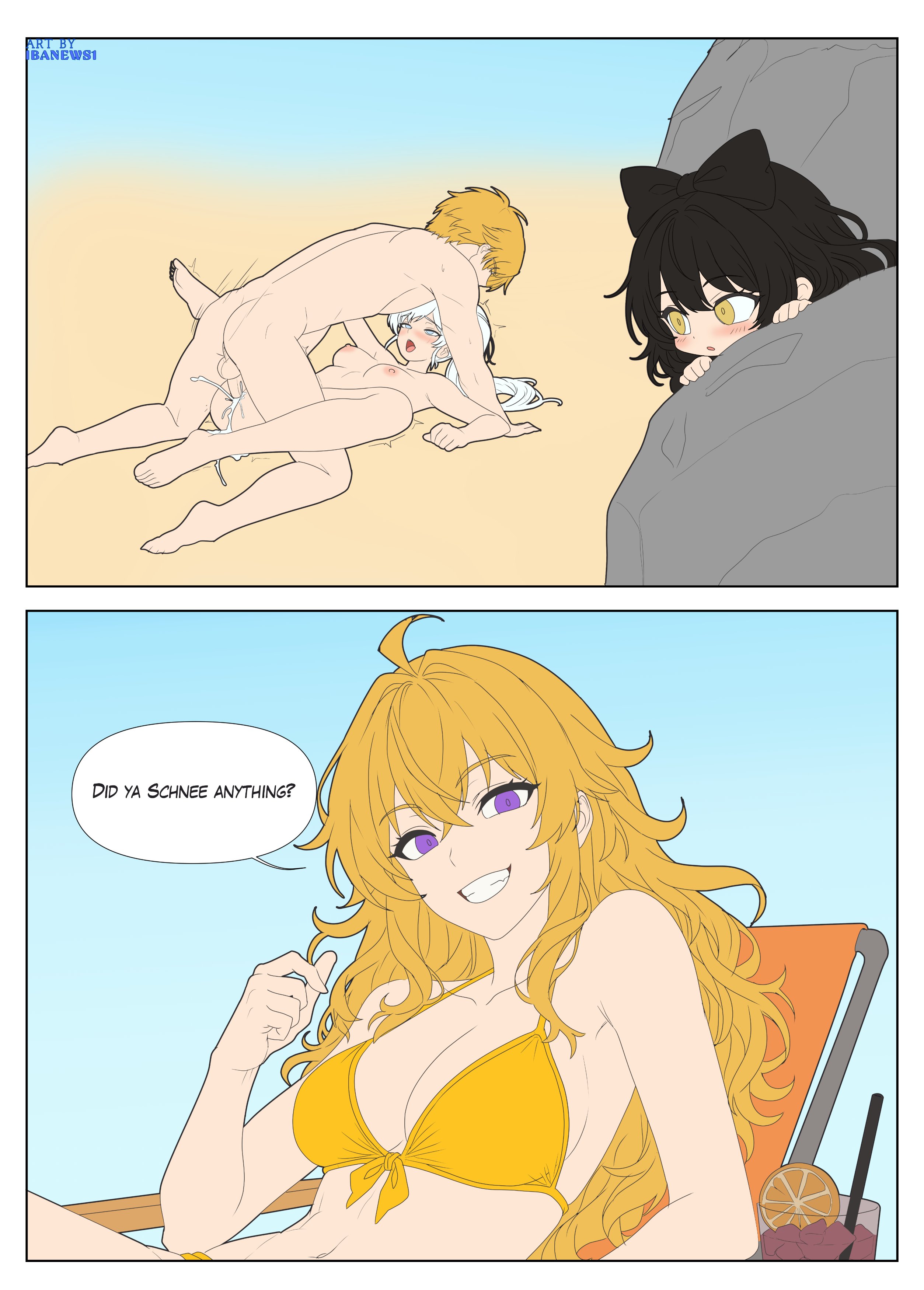 1boy, 3girls, amber eyes, areolae, bad joke, beach, big breasts, black hair, blake belladonna, blonde hair, blue eyes, blushing, breasts, busty, cum, cum in pussy, cum inside, ibanews1, jaune arc, large breasts, missionary position, moaning, naughty face, navel, nipples, penis, penis in pussy, purple eyes, rwby, smile, text, text bubble, toned, voyeur, weiss schnee, white hair, yang xiao long