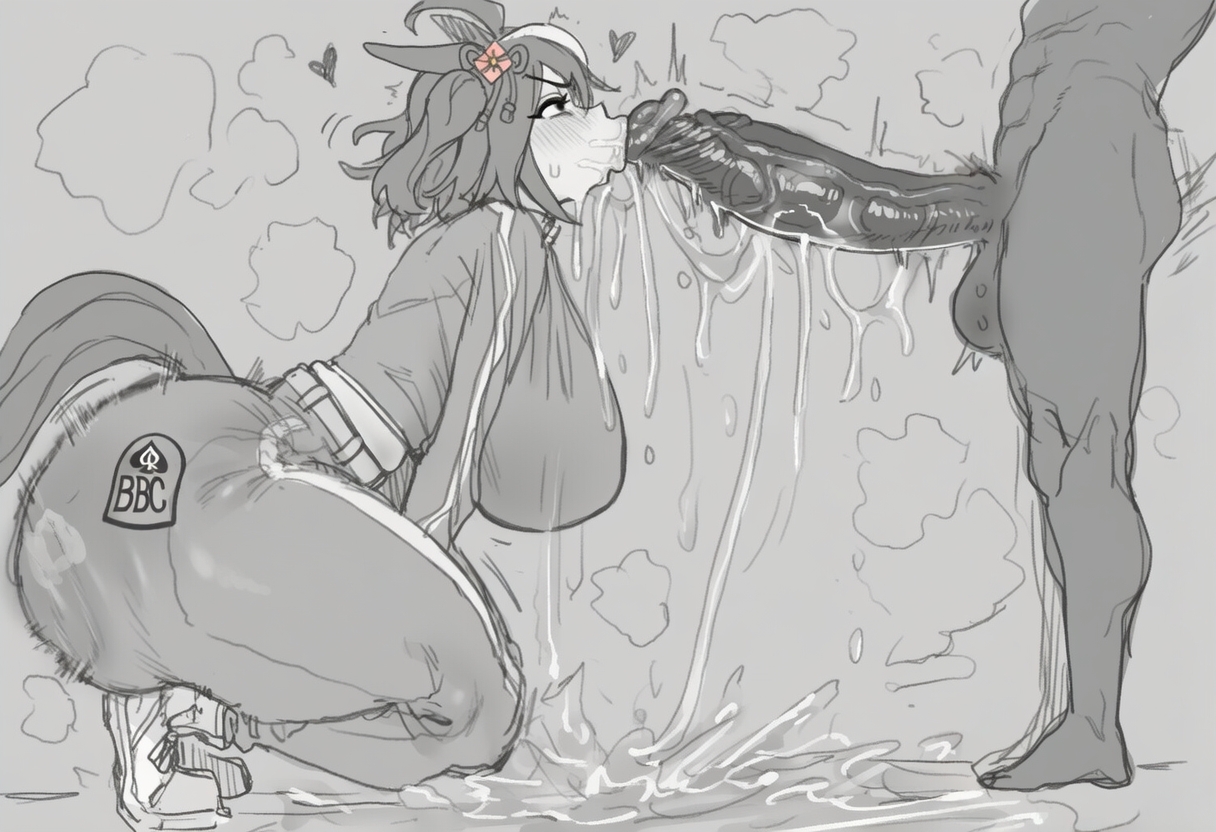 blowjob, clothed female, clothed female nude male, dark-skinned male, fellatio, gigantic penis, hearts around head, horse ears, horse girl, horse tail, huge ass, huge breasts, huge cock, huge thighs, interracial, kitasan black (umamusume), koi chirouu, light-skinned female, monochrome, musky, oral, qos, qos clothing, queen of spades, queen of spades symbol, saliva, saliva on penis, saliva string, spade, steam, steaming body, sucking penis, sucking tip, thick thighs, umamusume, umamusume pretty derby