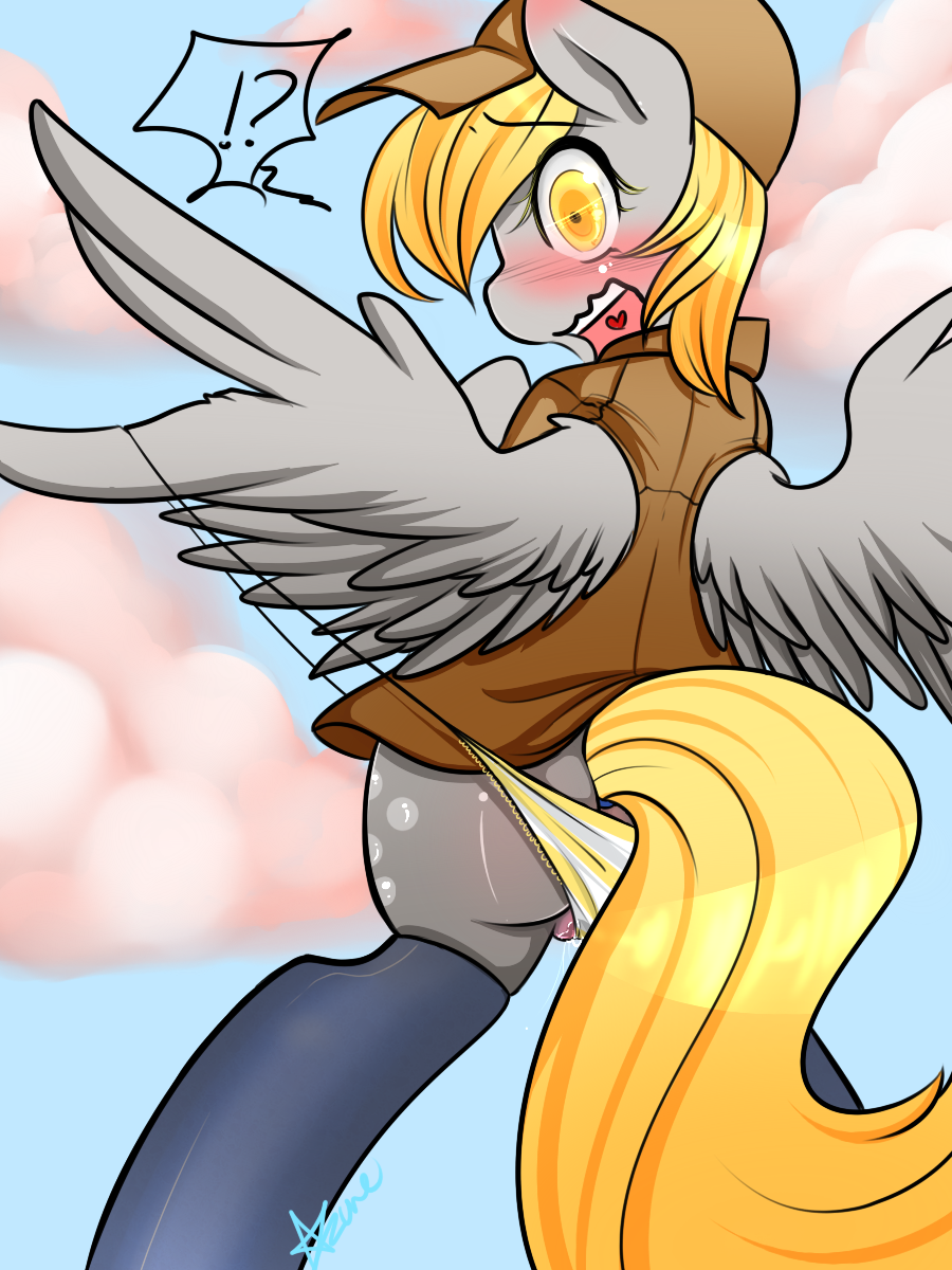 2013 ass azugarlic blonde_hair blush clothing cloud cutie_mark day derpy_hooves equine female friendship_is_magic fur grey_fur hair hat horse mammal my_little_pony open_mouth outdoors panties pegasus pony pussy pussy_juice sky solo underwear wings yellow_eyes