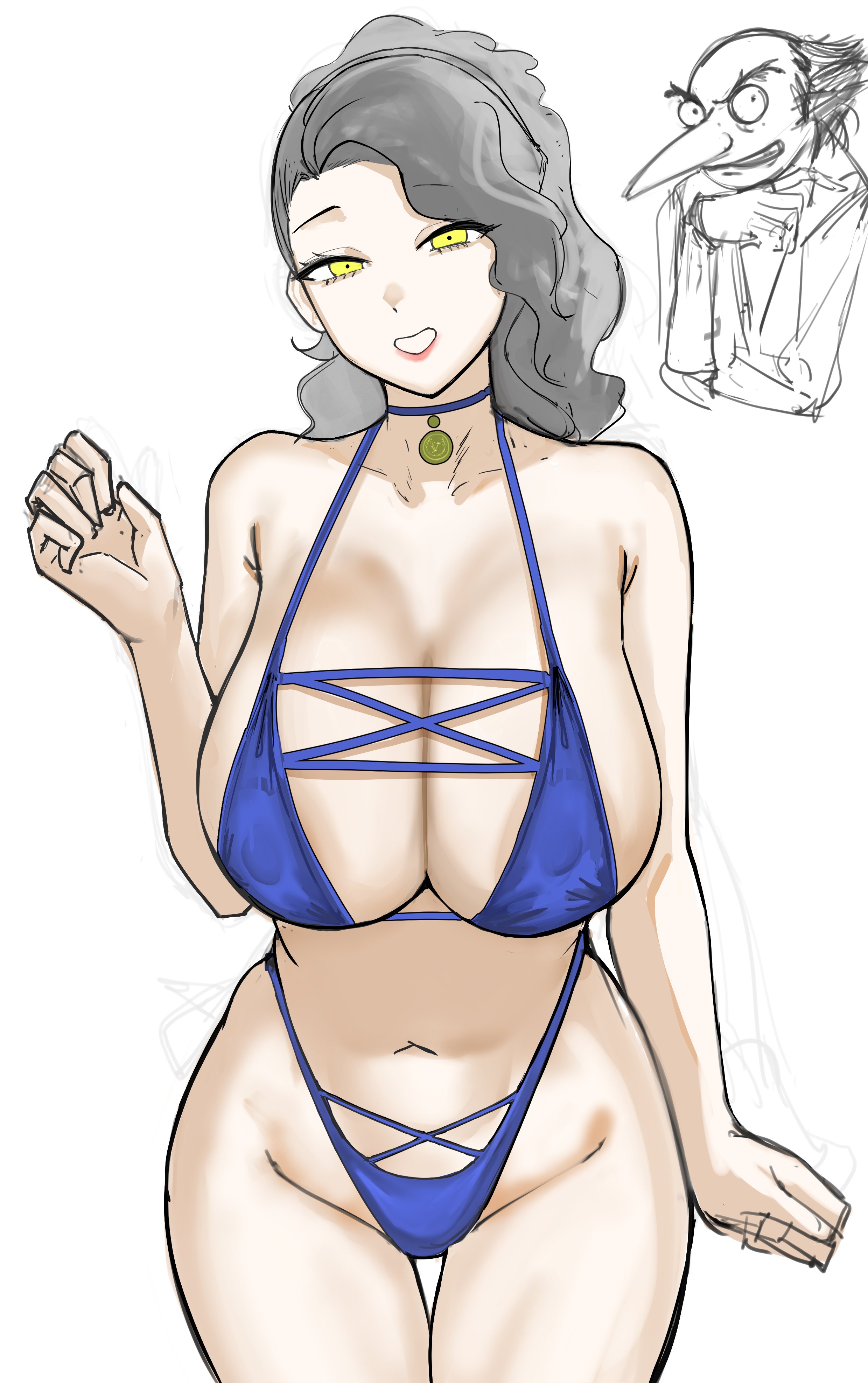 bare shoulders, belly, belly button, big breasts, bikini, breasts, breasts bigger than head, choker, clavicle, cleavage, covered nipples, erect nipples, hanging breasts, hips, hips wider than shoulders, igor (persona), inner sideboob, large breasts, looking at viewer, margaret (persona), navel, nero watch, nipple bulge, nipples, persona, persona 4, posing, posing for the viewer, shoulders, sideboob, smiling, swimsuit, thick thighs, thighs, tummy, white hair, wide hips, yellow eyes