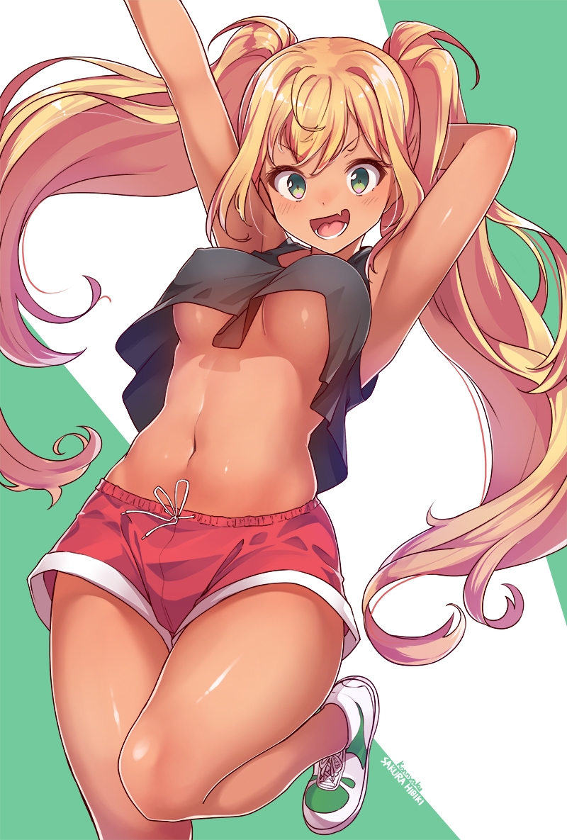 1girls, 2d, 2d (artwork), 2d artwork, arm above head, arm behind head, arm up, armpit, armpit crease, armpit peek, armpits, background, bare armpits, bare arms, bare belly, bare hands, bare hips, bare legs, bare midriff, bare navel, bare shoulders, bare skin, bare thighs, belly, belly button, big boobs, big breasts, black tank top, black topwear, breasts, brown skin, brown skinned female, brown-skinned female, busty, busty female, busty girl, busty teen, busty teenager, calves, collarbone, curvaceous, curvaceous body, curvaceous female, curvaceous figure, curvaceous hips, curvy, curvy body, curvy female, curvy figure, curvy hips, digital, digital art, digital drawing, digital drawing (artwork), digital media, digital media (artwork), drawing, dumbbell nan kilo moteru?, elbows, exposed armpits, exposed arms, exposed belly, exposed hips, exposed legs, exposed midriff, exposed navel, exposed shoulders, exposed skin, exposed thighs, female, female focus, female only, fit female, full body, green background, groin, hair between eyes, hairless armpits, hand above head, hand behind head, hand up, high school student, hourglass figure, inframammary fold, inguinal crease, inguinal ligament, knees, konnyaku (kk-monmon), large boobs, large breasts, lean figure, legs, legs closed, legs together, linea alba, long hair, looking at viewer, midriff, mons pubis, multicolored background, narrow waist, navel, open mouth, parted lips, plain background, portrait, posing, posing for the viewer, presenting armpit, red shorts, sakura hibiki, school girl, schoolgirl, shaved armpits, shorts, shoulders, slender body, slender waist, slim female, slim waist, smile, smiley face, smiling, smiling at viewer, solo, stomach, tank top, teen girl, teenage female, teenage girl, teenage tits, teenager, thick thighs, thighs, thighs together, tied hair, tongue, topwear, twintails, twintails (hairstyle), two-tone background, underboob, white background, wide hips, young female, young woman