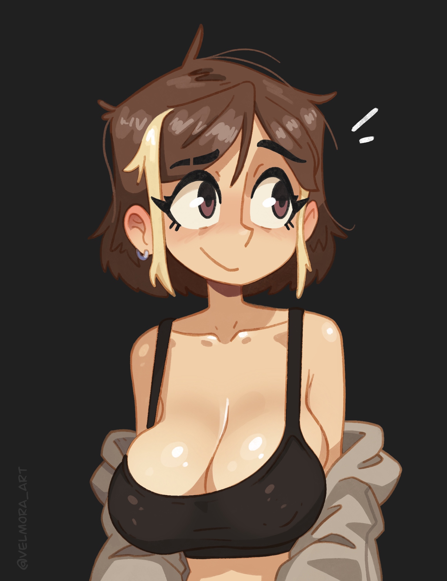 1girl, armpit crease, artist self-insert, black background, black bra, bra, breasts, brown eyes, brown hair, cleavage, closed mouth, commentary, ear piercing, english commentary, grey jacket, highres, jacket, large breasts, looking to the side, multicolored hair, notice lines, off shoulder, original, piercing, sagging breasts, short hair, simple background, smile, solo, two-tone hair, underwear, velmoraart
