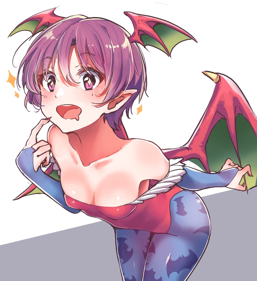 1girls, 2d, 2d (artwork), 2d artwork, background, bent forward, bent over, blank background, blue legwear, blue pantyhose, blue tights, breasts, capcom, collarbone, darkstalkers, digital, digital art, digital drawing, digital drawing (artwork), digital media, digital media (artwork), drawing, eyebrows visible through hair, female, female focus, female only, fingernails, fingers, groin, hair between eyes, inguinal crease, inguinal ligament, konnyaku (kk-monmon), lean figure, leaning, leaning forward, legwear, leotard, lilith aensland, looking at viewer, monotone background, nail polish, nails, narrow waist, nipple bulge, one color background, open mouth, open mouth smile, pantyhose, parted lips, petite, petite body, petite breasts, petite female, petite girl, petite tits, pink eyes, pink fingernails, pink hair, pink hair female, pink nail polish, pink nails, pink-eyed female, pink-haired female, plain background, red leotard, red topwear, short hair, shoulders, skindentation, slender body, slender waist, slim female, slim waist, small boobs, small breasts, small tits, smile, smiley face, smiling, smiling at viewer, solid color background, solo, standing, star eyes, star-shaped pupils, succubus, symbol shaped pupils, symbol-shaped pupils, thighs, tights, tiny breasts, tiny tits, tongue, topwear, upper body, upper teeth, vampire (game), vampire savior, white background, wide hips, wings