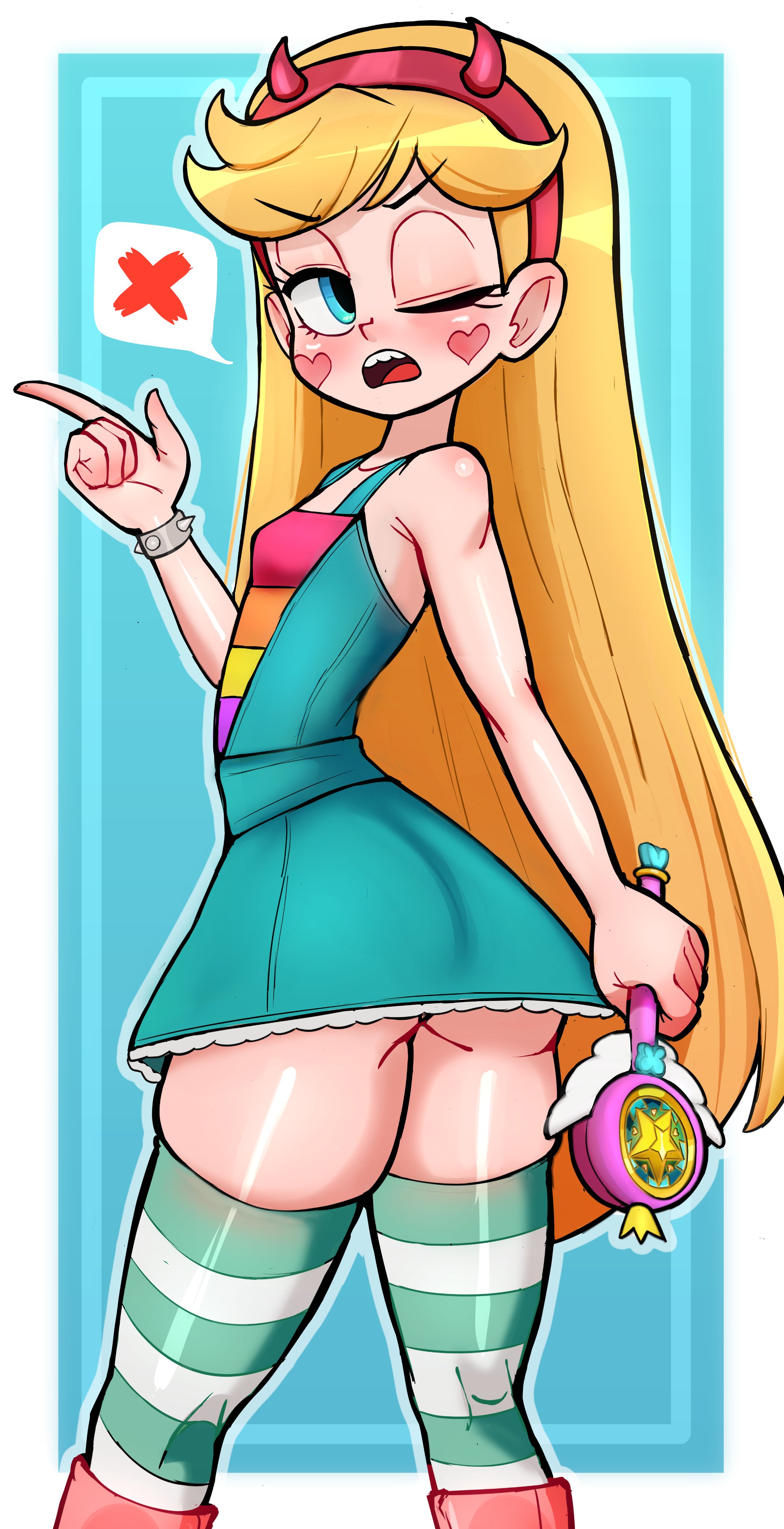 1girl, absurdres, angry, ass, blonde hair, blue eyes, blush, bracelet, breasts, dress, fake horns, hairband, heart, highres, horns, jewelry, long hair, one eye closed, open mouth, rukisan, simple background, small breasts, solo, star (symbol), star butterfly, star vs the forces of evil, striped clothes, striped thighhighs, thick thighs, thighhighs, thighs, wand