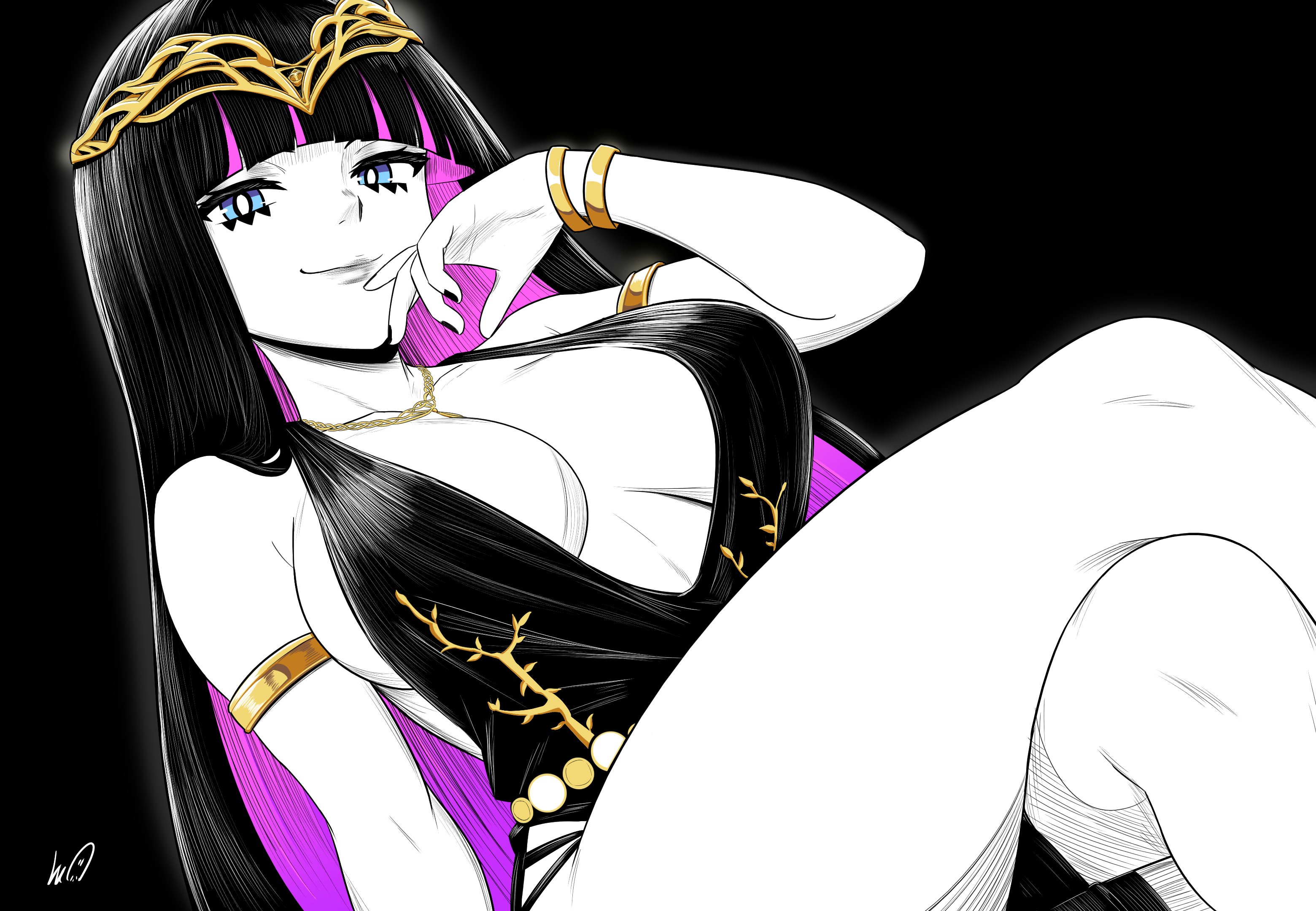 1girls, black hair, clothed, clothing, colored inner hair, female, female only, long hair, lughost, panty & stocking with garterbelt, solo, stocking anarchy, very long hair