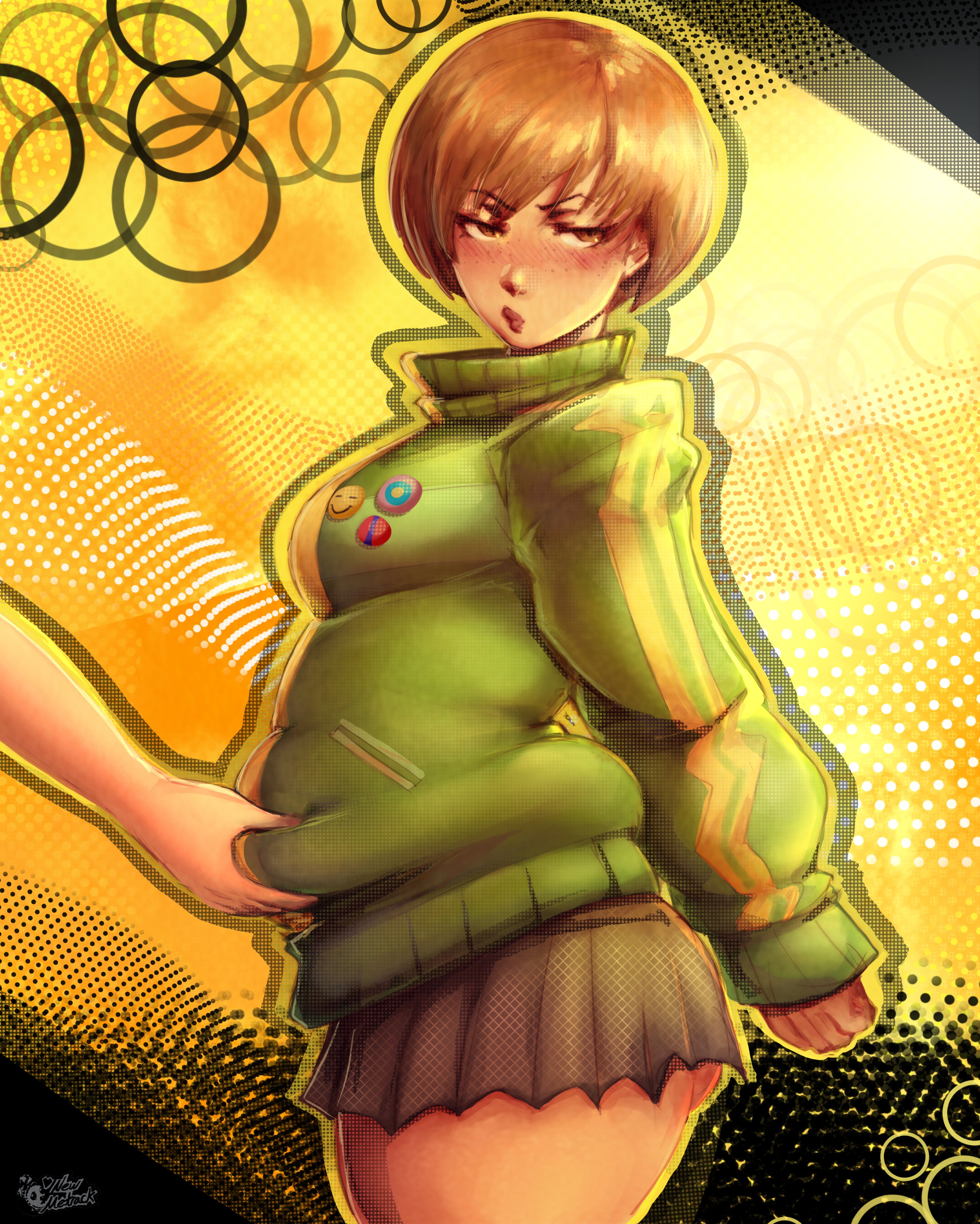 1girls, ass, bbw, belly, blush, chie satonaka, chubby female, fat ass, grabbing, groping, groping belly, huge ass, huge thighs, looking away, metrack, newmetrack, persona, persona 4, satonaka chie, tagme