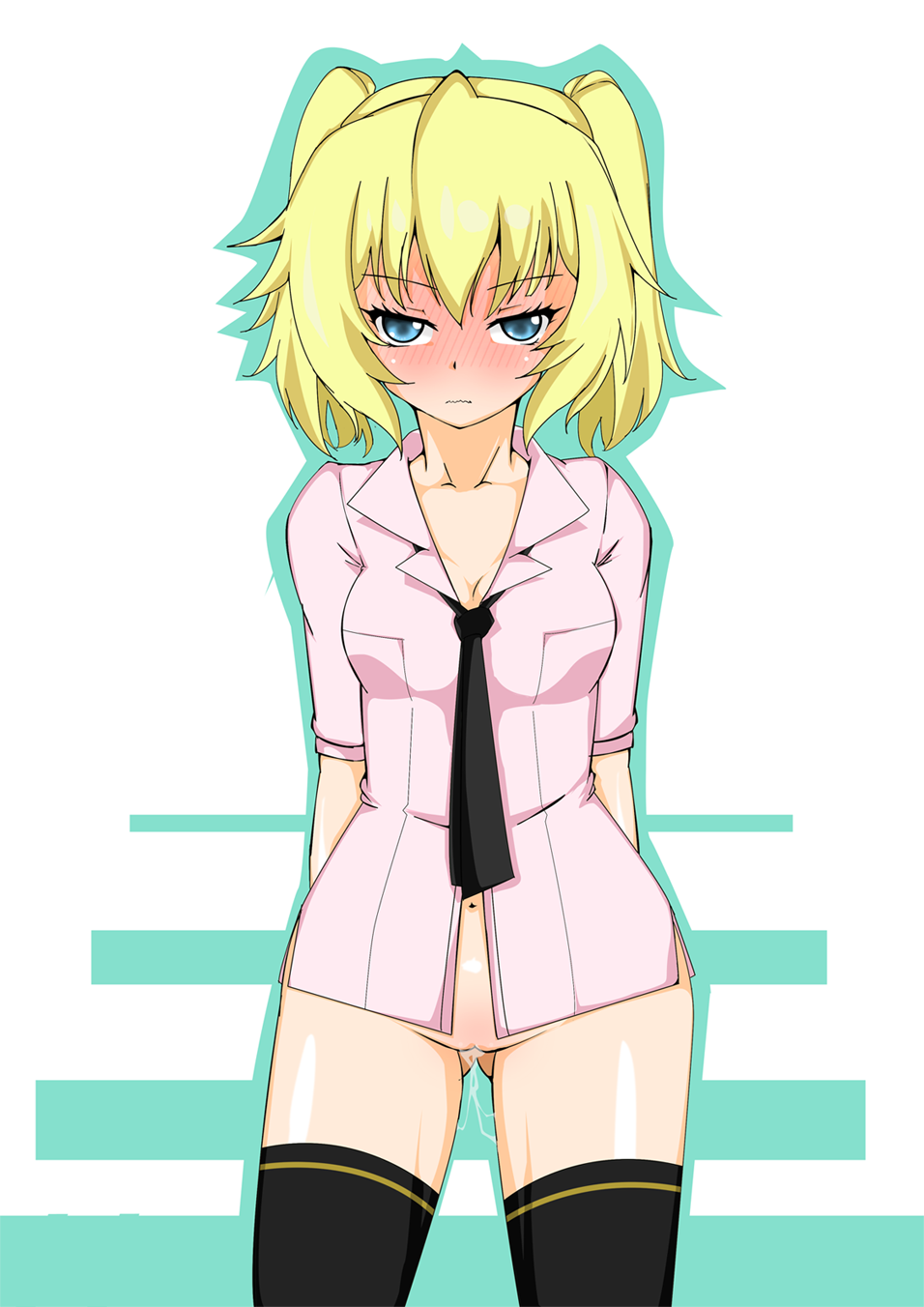 1girls blonde_hair blue_eyes blush bottomless dress_shirt female female_focus female_only hair light_skin medium_hair nasuhara_anastasia onii-chan_dakedo_ai_sae_areba_kankeinai_yo_ne pink_shirt pussy pussy_juice pussy_juice_drip small_breasts solo solo_female thighhighs thighs tie tied_hair twintails white_skin wide_hips