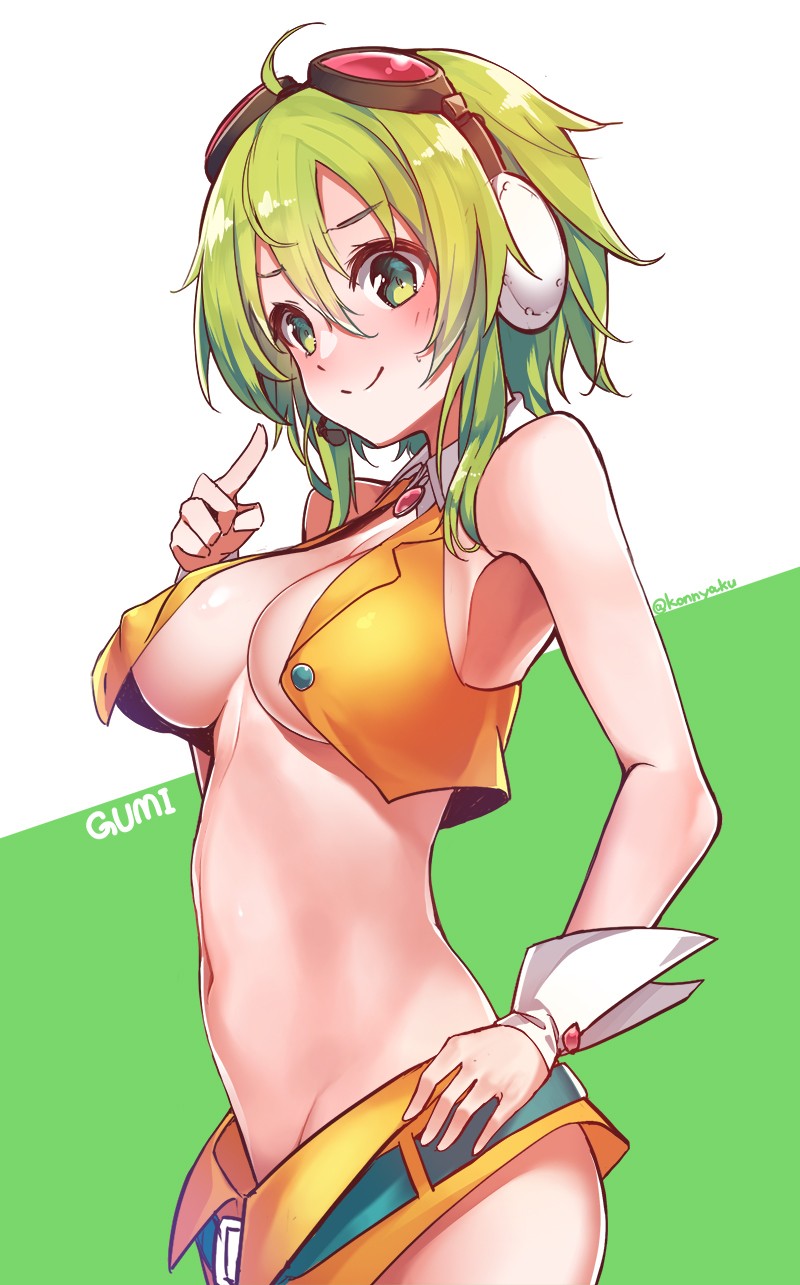1girls, 2d, 2d (artwork), 2d artwork, ahoge, background, bare armpits, bare arms, bare belly, bare chest, bare hands, bare hips, bare midriff, bare navel, bare shoulders, bare skin, belly, belly bulge, belly button, big boobs, big breasts, breasts, breasts apart, busty, busty female, busty girl, closed mouth smile, collarbone, digital, digital art, digital drawing, digital drawing (artwork), digital media, digital media (artwork), drawing, elbows, exposed armpits, exposed arms, exposed belly, exposed chest, exposed hips, exposed midriff, exposed navel, exposed shoulders, exposed skin, female, female focus, female only, fingers, fit female, game character, goggles, goggles on forehead, goggles on head, green background, green eyes, green hair, green-eyed female, green-haired female, groin, gumi, hair between eyes, hand on hip, hand on own hip, hand on own waist, hand on waist, head tilt, inframammary fold, inguinal crease, inguinal ligament, konnyaku (kk-monmon), large boobs, large breasts, lean figure, linea alba, looking at viewer, looking sideways, looking to the side, midriff, multicolored background, narrow waist, navel, nervous, nervous expression, nervous face, nervous female, nervous smile, nervous sweat, plain background, portrait, short hair, shoulders, shy, shy expression, shy female, shy girl, shy smile, sidelocks, slender body, slender waist, slim female, slim waist, smile, smiley face, smiling, smiling at viewer, solo, standing, stomach, thighs, tilted head, touching hip, touching waist, two-tone background, underboob, upper body, video game, video game character, video games, vocaloid, white background