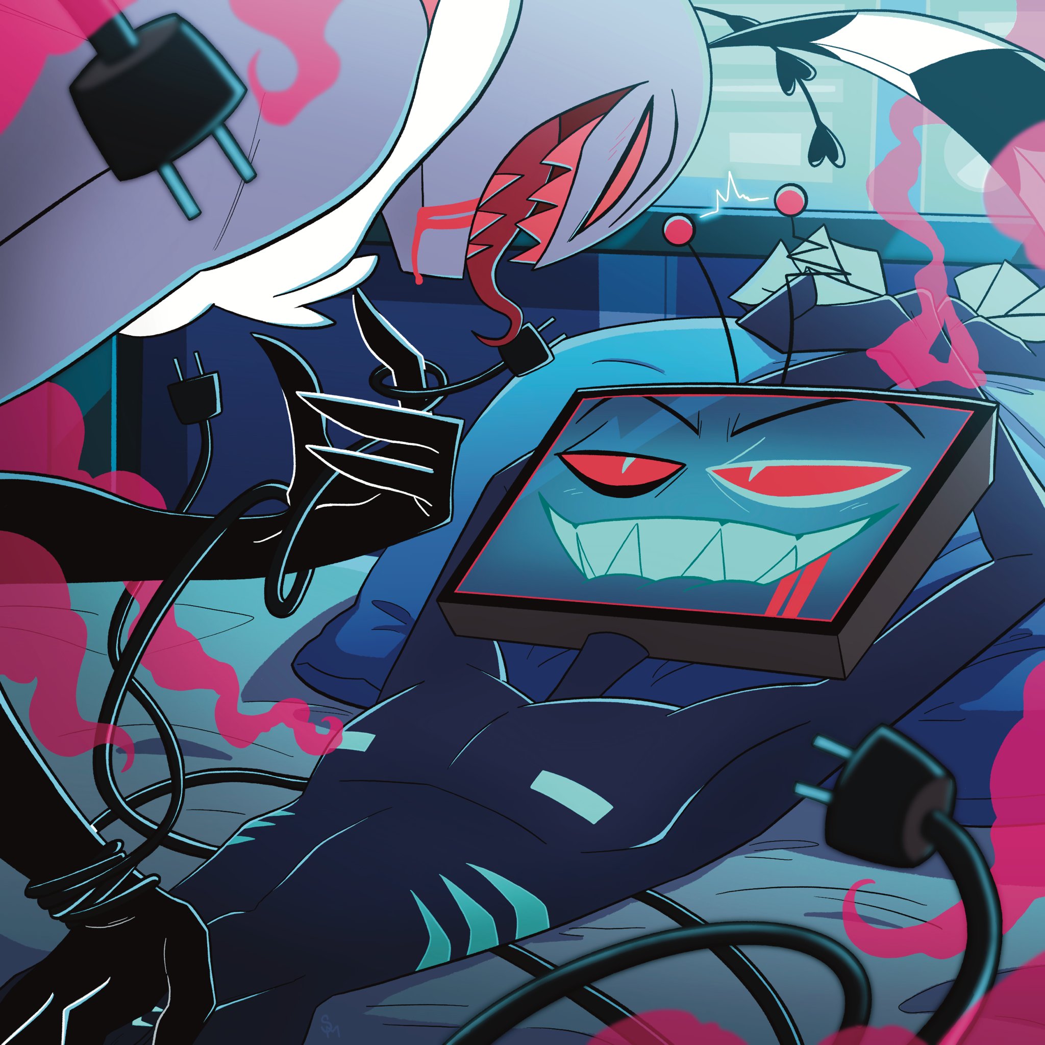 2boys, antennae, antennae (anatomy), bed, bedroom, biting lip, blue skin, blush, bondage, drooling, gay, hand on crotch, hand on penis, hazbin hotel, hellaverse, light bondage, male, male only, nude, nude male, on back, pillow, red sclera, schaychaym, smoke, sparks, tongue, tongue out, tv head, valentino (hazbin hotel), vox (hazbin hotel), wireplay, wires, wrists tied, yaoi