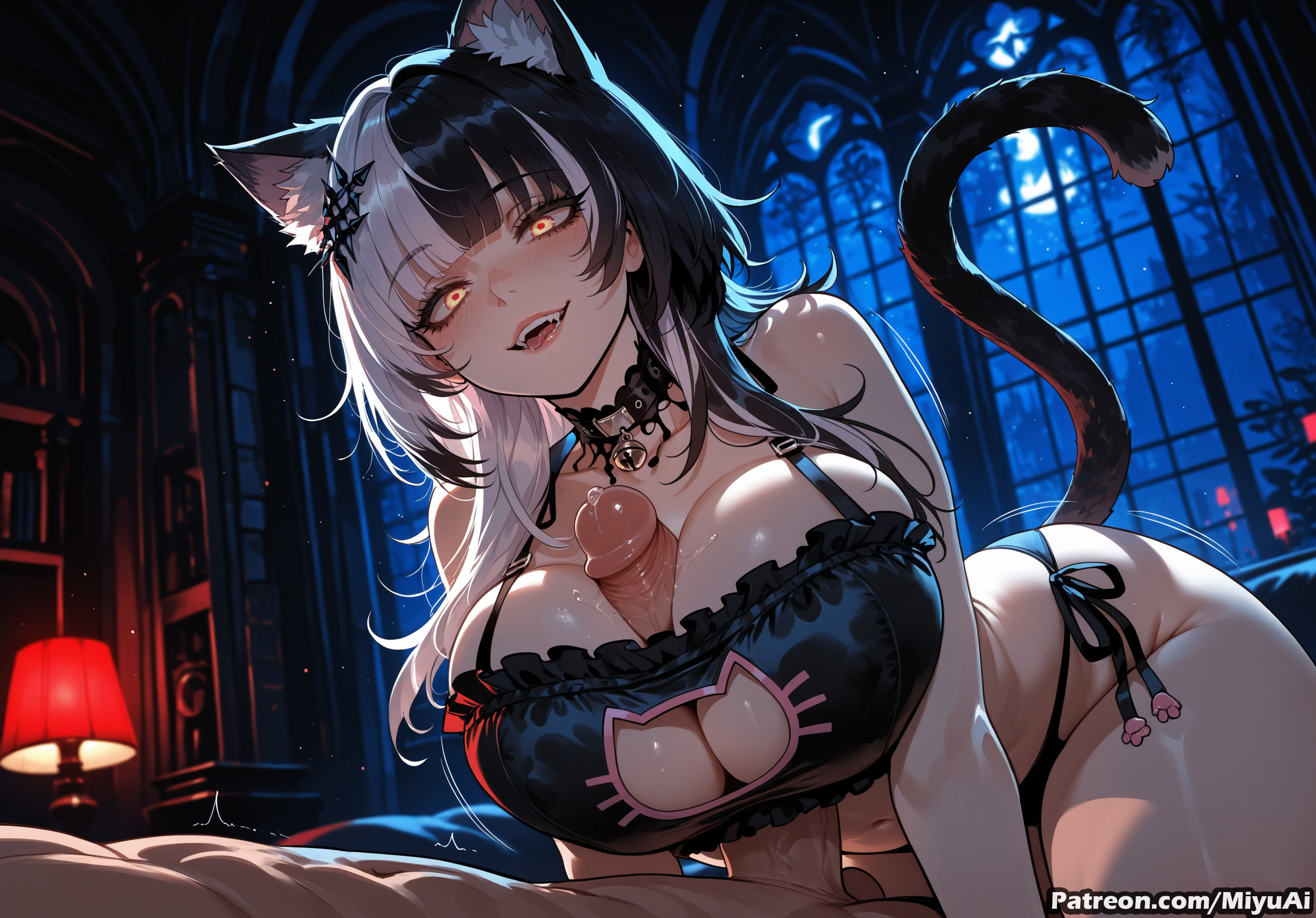 :d, 1boy, 1girl, ai assisted, ai generated, animal ears, bangs, bare shoulders, bell, black bra, black hair, black panties, blush, bra, breasts, cat cutout, cat ears, cat lingerie, cat tail, choker, cleavage, cleavage cutout, collarbone, curvaceous, curvy, curvy female, curvy figure, eyebrows visible through hair, fangs, female, frilled bra, frills, hair ornament, hetero, hololive, hololive english, huge breasts, indoors, jingle bell, large breasts, long hair, looking at viewer, meme attire, miyuai, multicolored hair, navel, night, open mouth, panties, penis, shiori novella, side-tie panties, silver hair, smile, solo focus, tail, thick, thick ass, thick butt, thick hips, thick legs, thick thighs, tongue, underwear, underwear only, virtual youtuber, voluptuous, voluptuous female, wide hips, wide thighs, yellow eyes