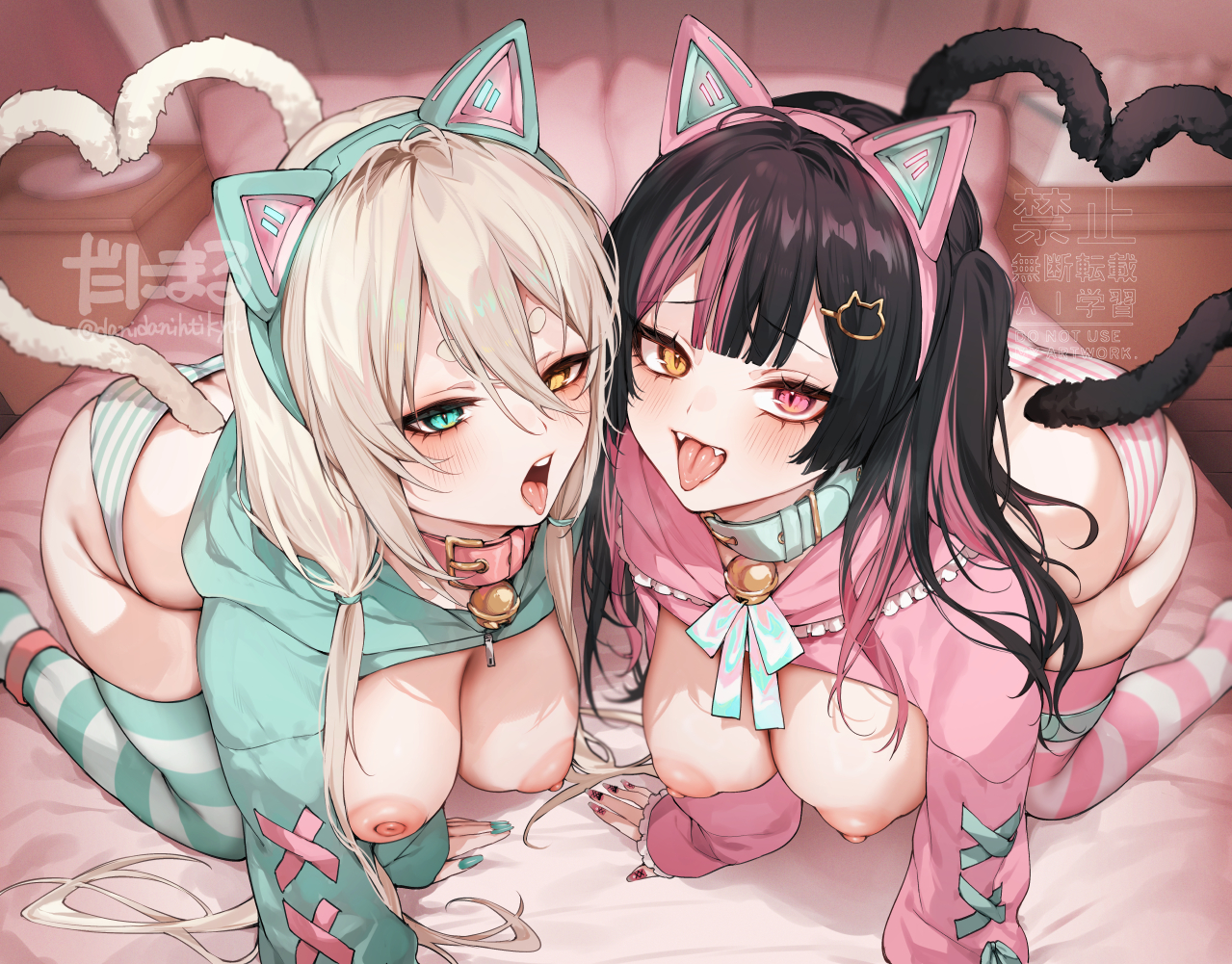 2girls, ahoge, all fours, animal ear hairband, animal ears, aqua belt, aqua choker, aqua collar, aqua eyes, aqua hairband, aqua hoodie, aqua nails, aqua shrug, aqua thighhighs, ass, bedroom, bell, belt, belt collar, black hair, black tail, blurry, blurry background, blush, breasts, cat ear hairband, cat ears, cat hair ornament, cat tail, choker, collar, danimaru, fake animal ears, fangs, fingernails, gradient ribbon, hair ornament, hairband, hairclip, heart, heart tail, hetero, heterochromia, hood, hoodie, indoors, jingle bell, large breasts, long hair, long sleeves, looking at viewer, multicolored hair, multicolored thighhighs, multiple girls, nail art, nail polish, neck bell, neck ribbon, nipples, open mouth, original, panties, pink belt, pink choker, pink collar, pink eyes, pink hair, pink hairband, pink nails, pink panties, pink sailor collar, pink shrug, pink thighhighs, ribbon, sailor collar, short eyebrows, shrug (clothing), smile, streaked hair, striped clothes, striped panties, striped thighhighs, tail, teeth, thighhighs, tongue, tongue out, two-tone hair, two-tone thighhighs, underwear, upper teeth only, white hair, white tail, white thighhighs, yellow eyes