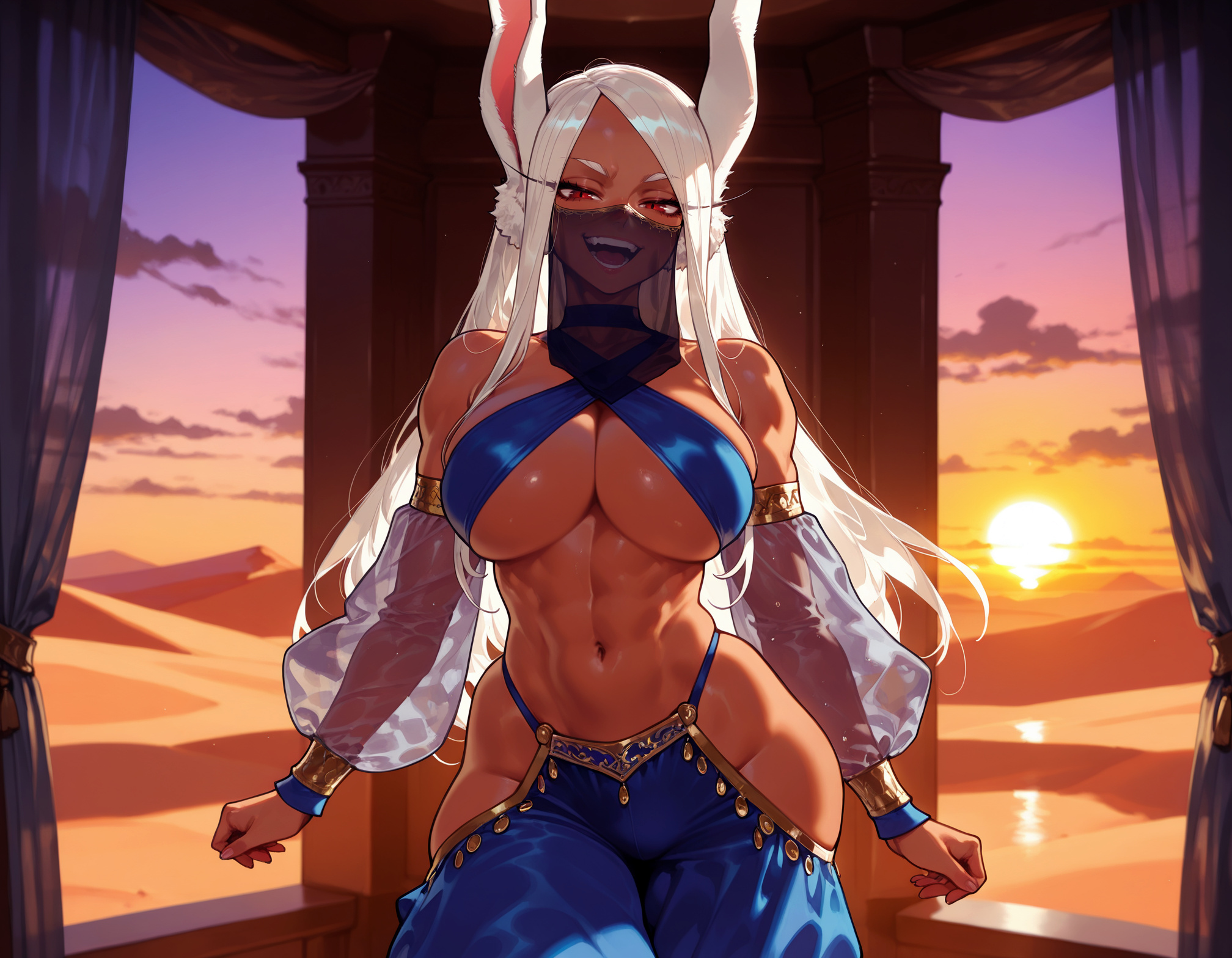 :d, 1girl, 1girls, abs, ai generated, alternate costume, animal ears, arabian clothes, armlet, balecxi, bangs, bare shoulders, blue choker, blue pants, blush, boku no hero academia, breasts, choker, cleavage, clothing, collarbone, cowboy shot, criss-cross halter, curtains, curvaceous, curvaceous female, curvaceous figure, curvy, curvy figure, dancer, dark skin, dark-skinned female, desert, detached sleeves, female, female focus, gradient sky, halterneck, harem outfit, harem pants, hip vent, indoors, jewelry, large breasts, long eyelashes, long hair, looking at viewer, mirko, mouth veil, muscular, muscular female, my hero academia, narrow waist, navel, open mouth, orange sky, outdoors, pants, parted bangs, puffy sleeves, rabbit ears, rabbit girl, red eyes, red nails, revealing clothes, sand, see-through, see-through sleeves, skindentation, sky, smile, solo, stomach, sun, sunset, teeth, thick thighs, thighs, toned, underboob, upper teeth only, usagiyama rumi, veil, voluptuous, voluptuous female, white hair, wide hips