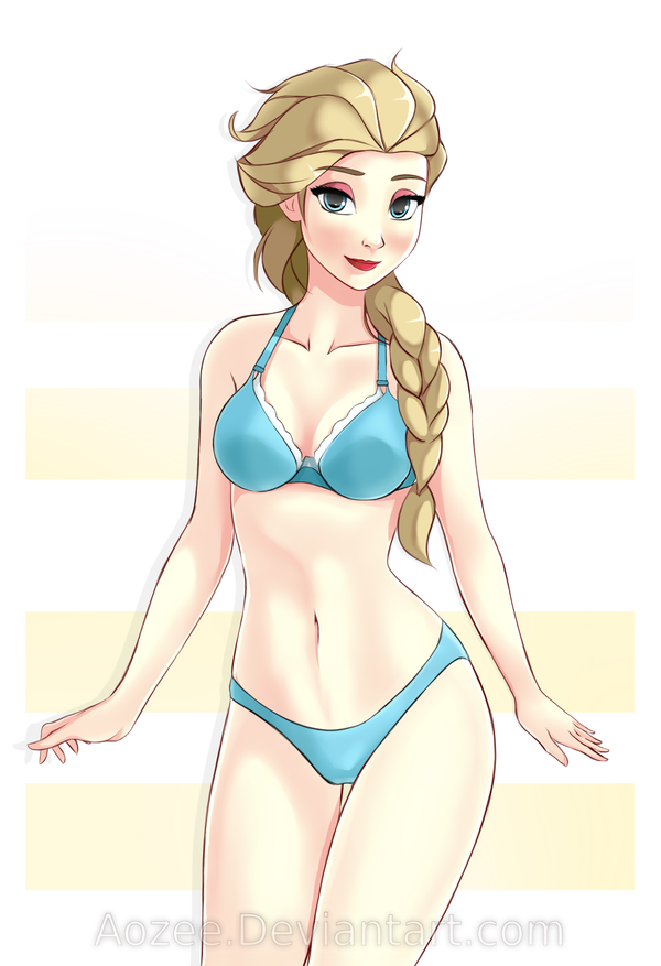 aozee, bikini, blonde hair, blue bikini, blue eyes, breasts, disney, elsa (frozen), female, female only, frozen (film), human, long hair, signature, solo, text