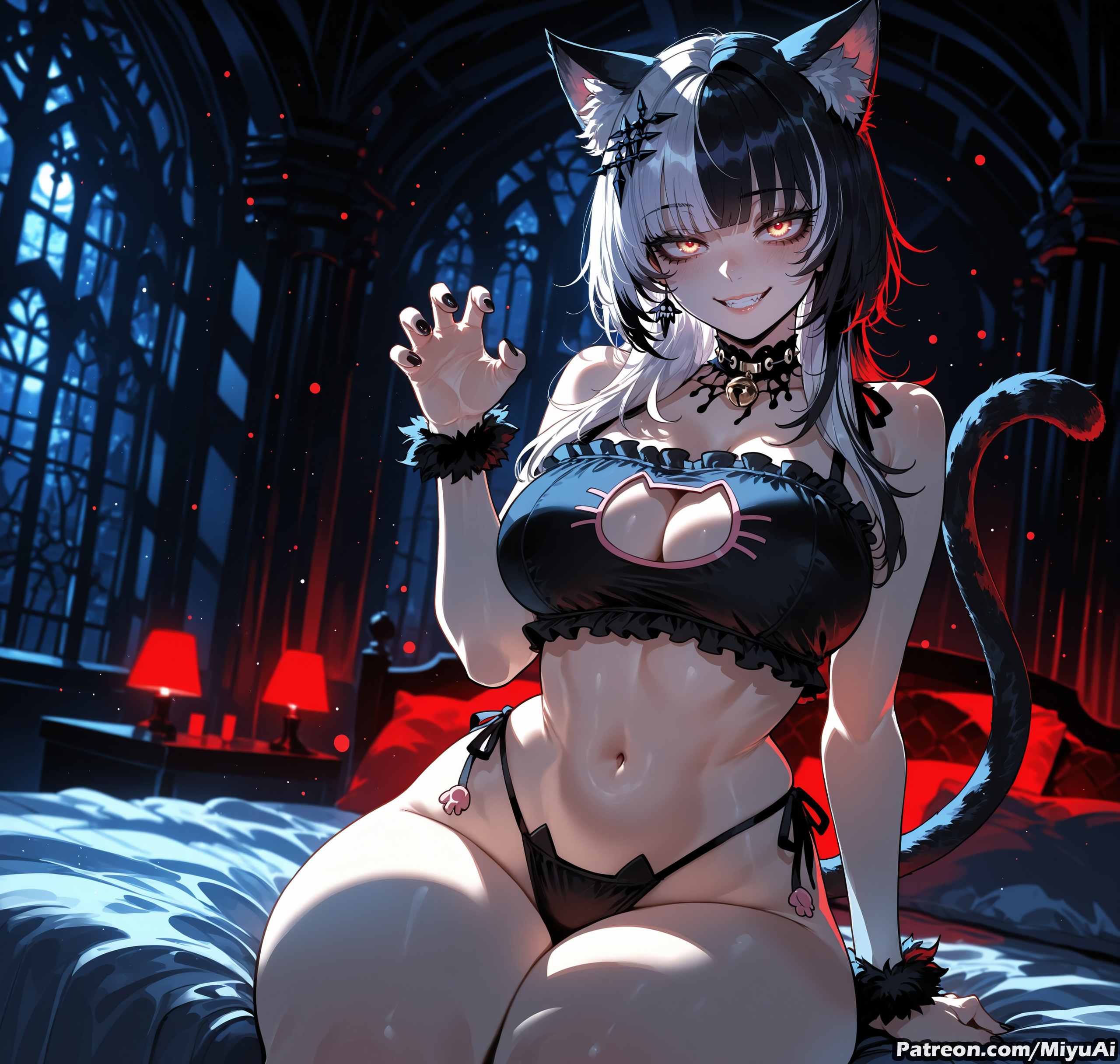 1girl, ai assisted, ai generated, animal ears, bangs, bare shoulders, bell, black bra, black hair, black panties, blunt bangs, blush, bra, breasts, cat cutout, cat ear panties, cat ears, cat lingerie, cat tail, choker, claw pose, cleavage, cleavage cutout, collarbone, curvaceous, curvy, curvy female, curvy figure, eyebrows visible through hair, facial mark, female, frills, grin, hand up, hololive, hololive english, large breasts, lingerie, long hair, looking at viewer, meme attire, miyuai, multiple tails, navel, panties, red eyes, shiori novella, short hair, side-tie panties, sitting, smile, solo, stomach, tail, thick, thick ass, thick butt, thick hips, thick legs, thick thighs, thighs, underwear, underwear only, virtual youtuber, voluptuous, voluptuous female, wide hips, wide thighs