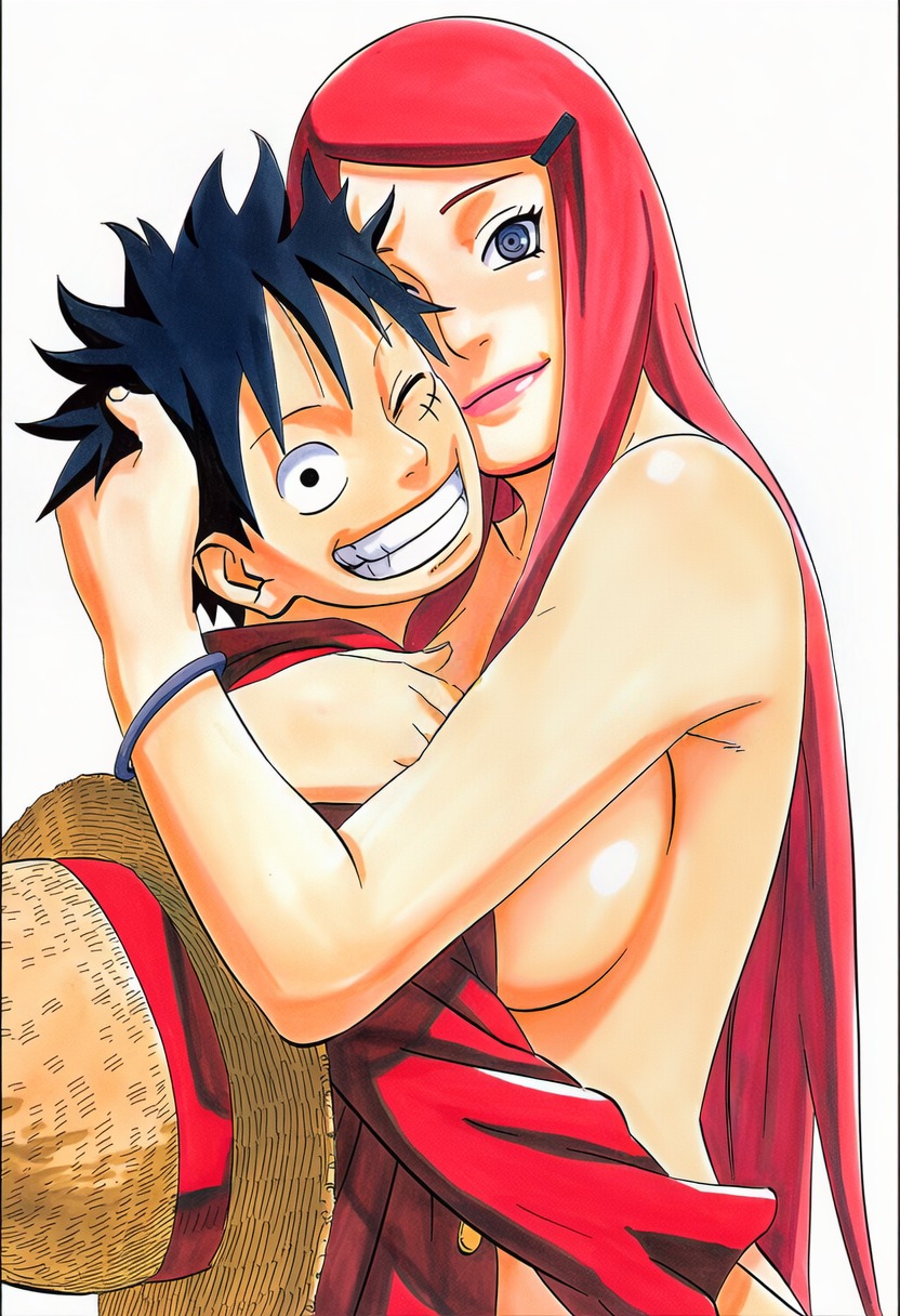 1boy, 1girls, accurate art style, accurate body type, affectionate, age difference, ai generated, bare shoulders, belly button, big breasts, black hair, blue eyes, bracelet, breasts, cheek-to-cheek, clothed, clothed male nude female, clothing, completely nude, completely nude female, crossover, curvy, curvy figure, duo, duo focus, embrace, eyelashes, female, full color, grin, hair accessory, hair ornament, hairclip, hand in hair, hand on another's head, happy, hat, head grab, high resolution, highres, hug, jewelry, kushina uzumaki, large breasts, light skin, light-skinned female, line art, lineart, lipstick, long hair, looking at viewer, male, manga style, masashi kishimoto style, mature female, milf, monkey d luffy, narrow waist, naruto, naruto (series), naruto shippuden, no bra, no panties, nude, nude female, official style, one eye closed, one piece, open mouth smile, pinup, red hair, red shirt, scar, scar on face, shiny, shiny hair, shiny skin, short hair, sideboob, simple background, slim, smile, smooth skin, soft shading, standing, straw hat, teeth showing, thin eyebrows, topless, unworn hat, unworn headwear, uzumaki kushina, waist, white background, wristwear