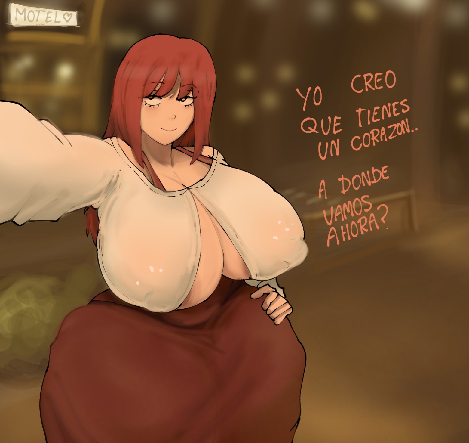 alternate body type, alternate breast size, big breasts, big hips, big thighs, boobs, breast, chainsaw man, cleavage, date, hand on hip, huge breasts, large breasts, makima (chainsaw man), miri adam, nipple bulge, nipples visible through clothing, red hair, smiling, smiling at viewer, spanish text, talking to viewer, thick ass, thick hips, thick thighs, voluptuous, voluptuous body, voluptuous female, wide hips, wide thighs