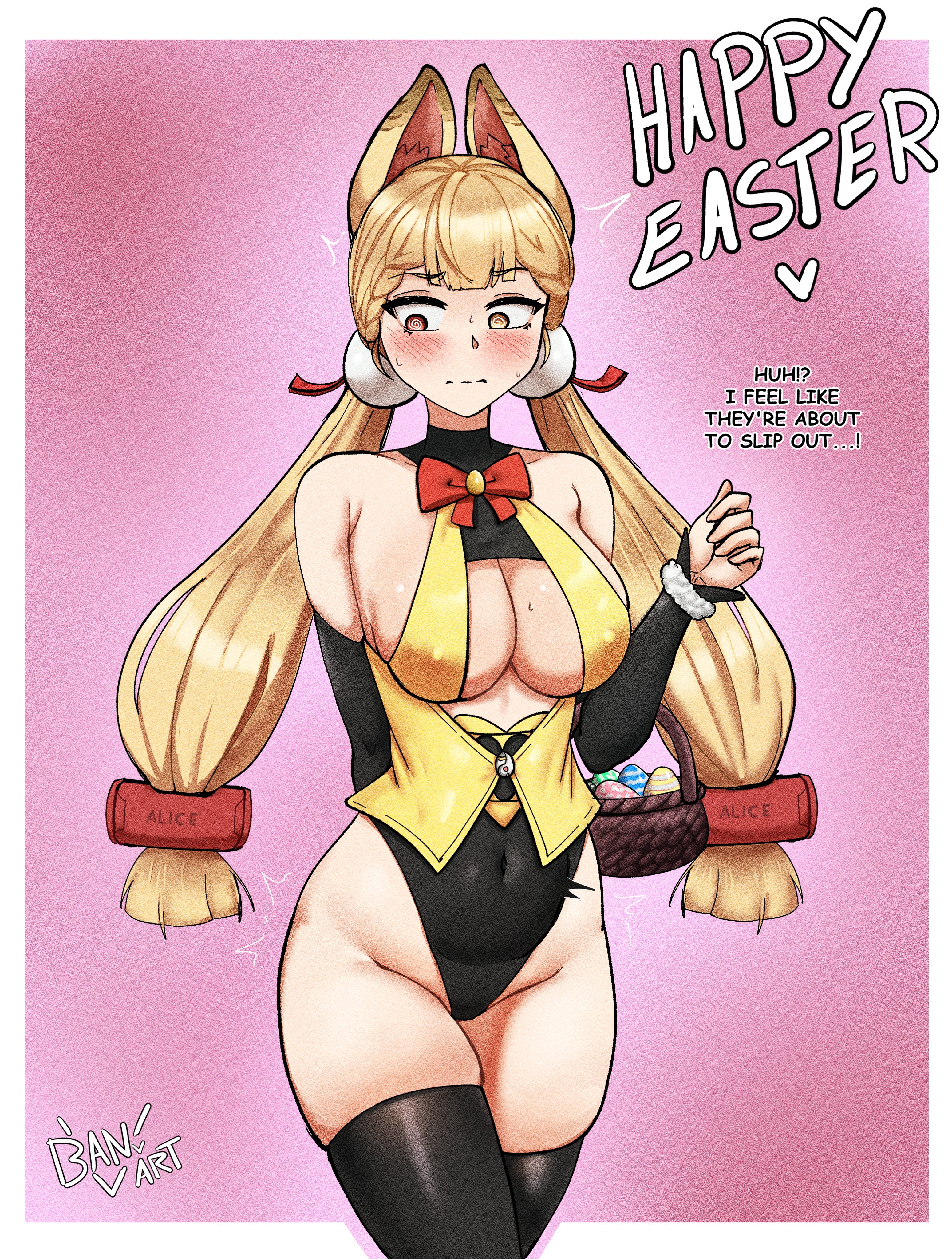 1girls, alice thymefield, animal ears, bangs, banvart5, bare shoulders, black legwear, blonde hair, blush, bow, bowtie, breasts, bunny ears, cleavage, detached sleeves, easter, large breasts, leotard, long hair, looking at viewer, low twintails, pink background, solo, tagme, thighhighs, twintails, zenless zone zero