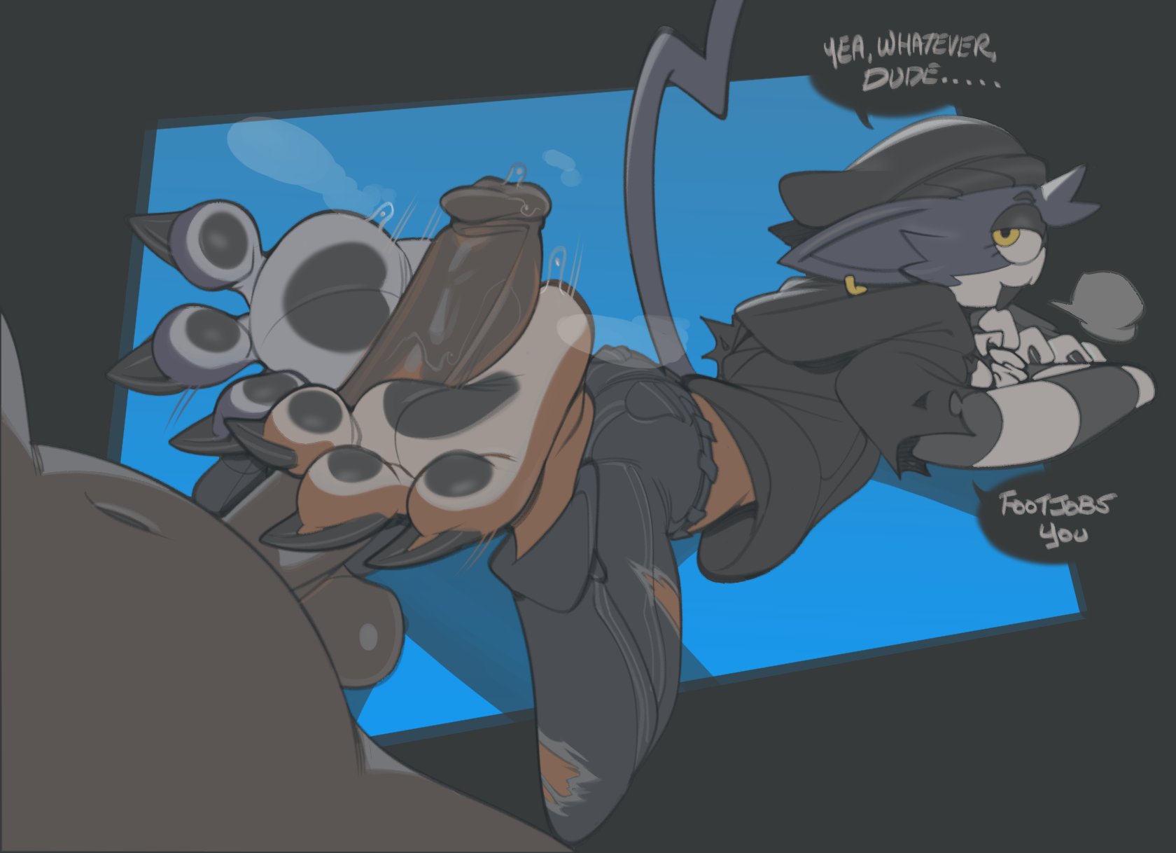 1boy, 1girls, anon, anthro, beanie, big penis, blue body, brown body, cat, dialogue, digital media (artwork), feline, footjob, fortnite, hoodie, meow skulls (fortnite), pawjob, pierced ears, piercing, submarine screw
