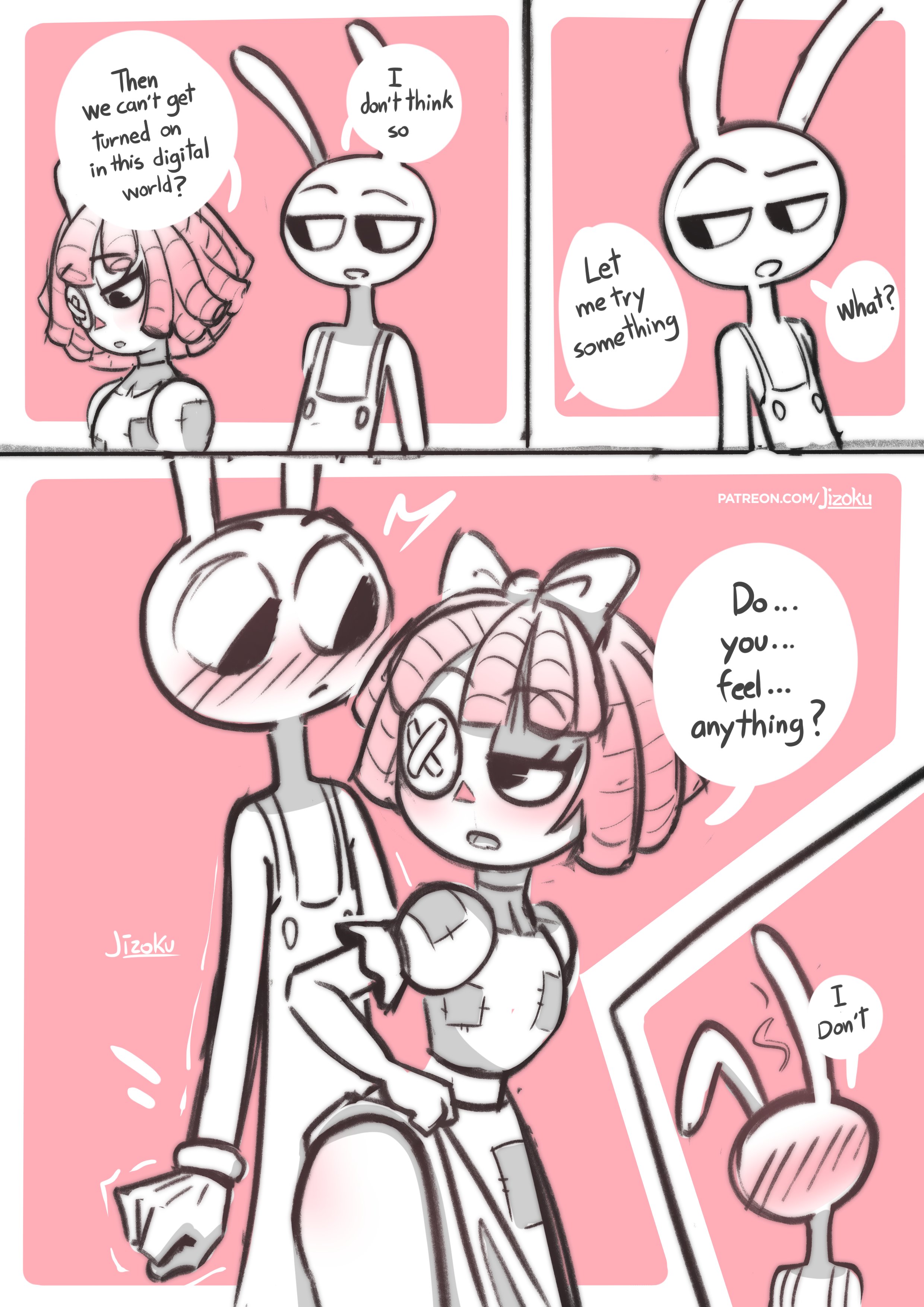 1boy, 1boy1girl, 1girls, 2026, ass on crotch, blush, blushing, bow, button eye, comic, dialogue, doll girl, dress, glitch productions, gooseworx, jax, jax (tadc), jax (the amazing digital circus), jizoku, lifted dress, rabbit, rabbit boy, ragatha, ragatha (tadc), ragatha (the amazing digital circus), ragdoll, straight, tagme, teasing, teasing with butt, the amazing digital circus, triangle nose