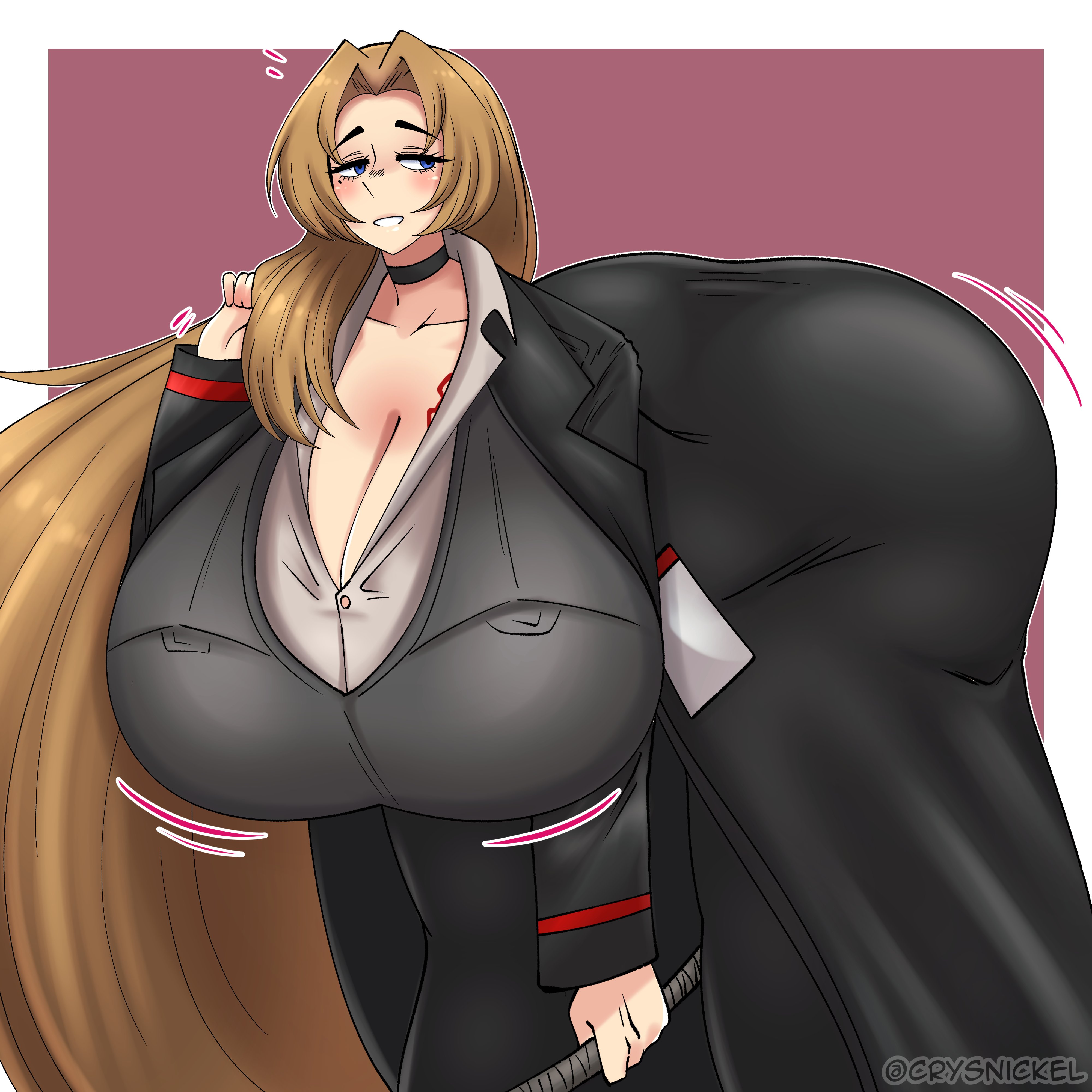 1girls, big breasts, black choker, blonde hair, blue eyes, blush, breasts, choker, cleavage, crysnickel, formal, gigantic ass, gigantic breasts, huge breasts, hyper, hyper ass, limbus company, long hair, looking at viewer, project moon, rodion (limbus company), tagme