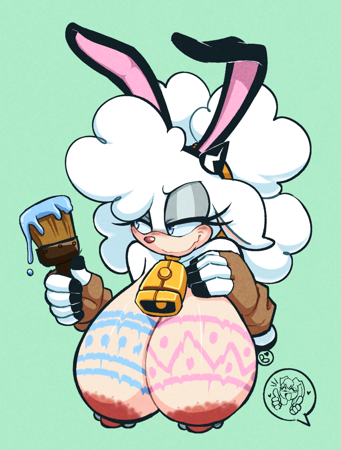 anthro, areola, bell, bell collar, big breasts, black nose, blue eyes, blue sclera, bodypaint, bovid, breasts, brown clothing, brown gloves, brown handwear, caprine, clothing, collar, ears down, easter, eyelashes, fake ears, fake rabbit ears, female, fingerless gloves, front view, fur, furry, gloves, green background, hand on chest, handwear, hi res, holidays, huge breasts, idw publishing, lanolin the sheep, mammal, miobadders, nipple piercing, nipples, piercing, pink areola, pink nipples, pink nose, pivoted ears, sega, sheep, simple background, solo, sonic (series), sonic the hedgehog (comics), sonic the hedgehog (idw), sonic the hedgehog (series), tan body, tan fur, vanilla the rabbit, white body, white fur