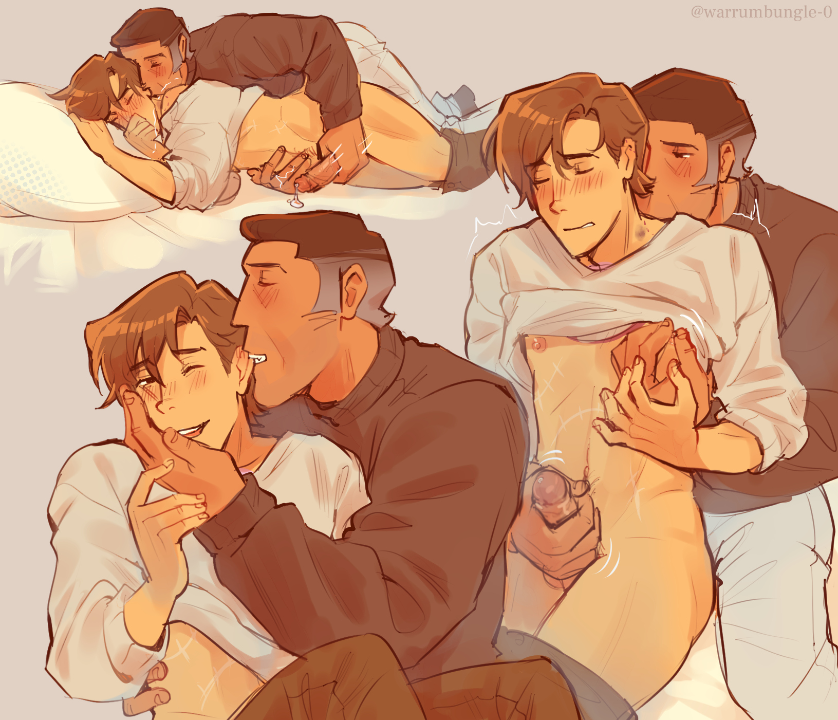 blush, couple, cute, ear bite, gay, gay sex, hand job, handjob, hickey, jerking off, male only, male/male, neck bite, nipple tweaking, older male, precum, reach around, scout (team fortress 2), sniper (team fortress 2), sweater, team fortress 2, trembling, warrumbungle-0, wholesome