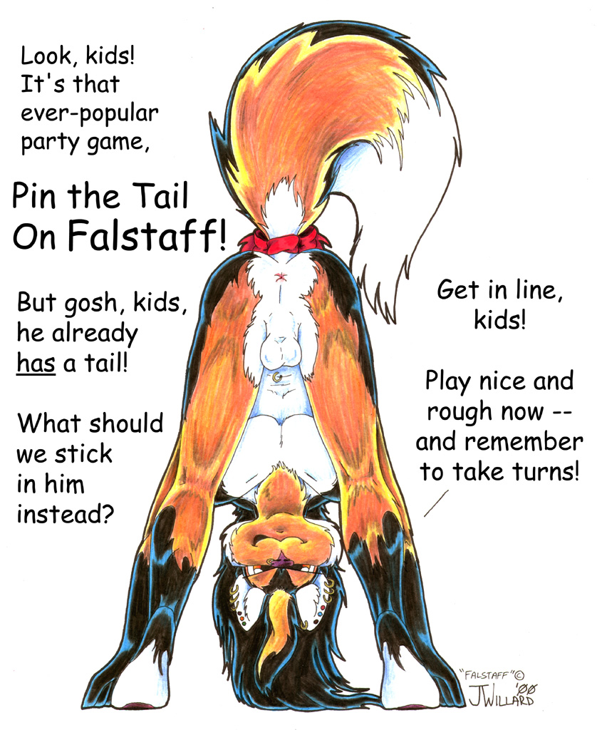 2000 anthro anus ass balls bent_over bow canine english_text falstaff fur furry girly hi_res high_resolution highres humor innuendo jessica_willard male male_only mammal party party_games piercing presenting raised_tail ribbons text