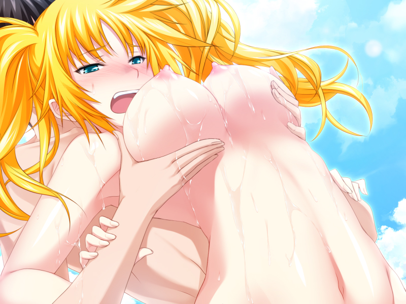 areolae armpits blonde_hair blue_eyes blush breast_grab breasts clouds erect_nipples female game_cg highres kawagishi_keitarou large_breasts long_hair looking_down maji_de_watashi_ni_koi_shinasai! navel nipples nude open_mouth sky stacy_connor standing tied_hair twintails wet