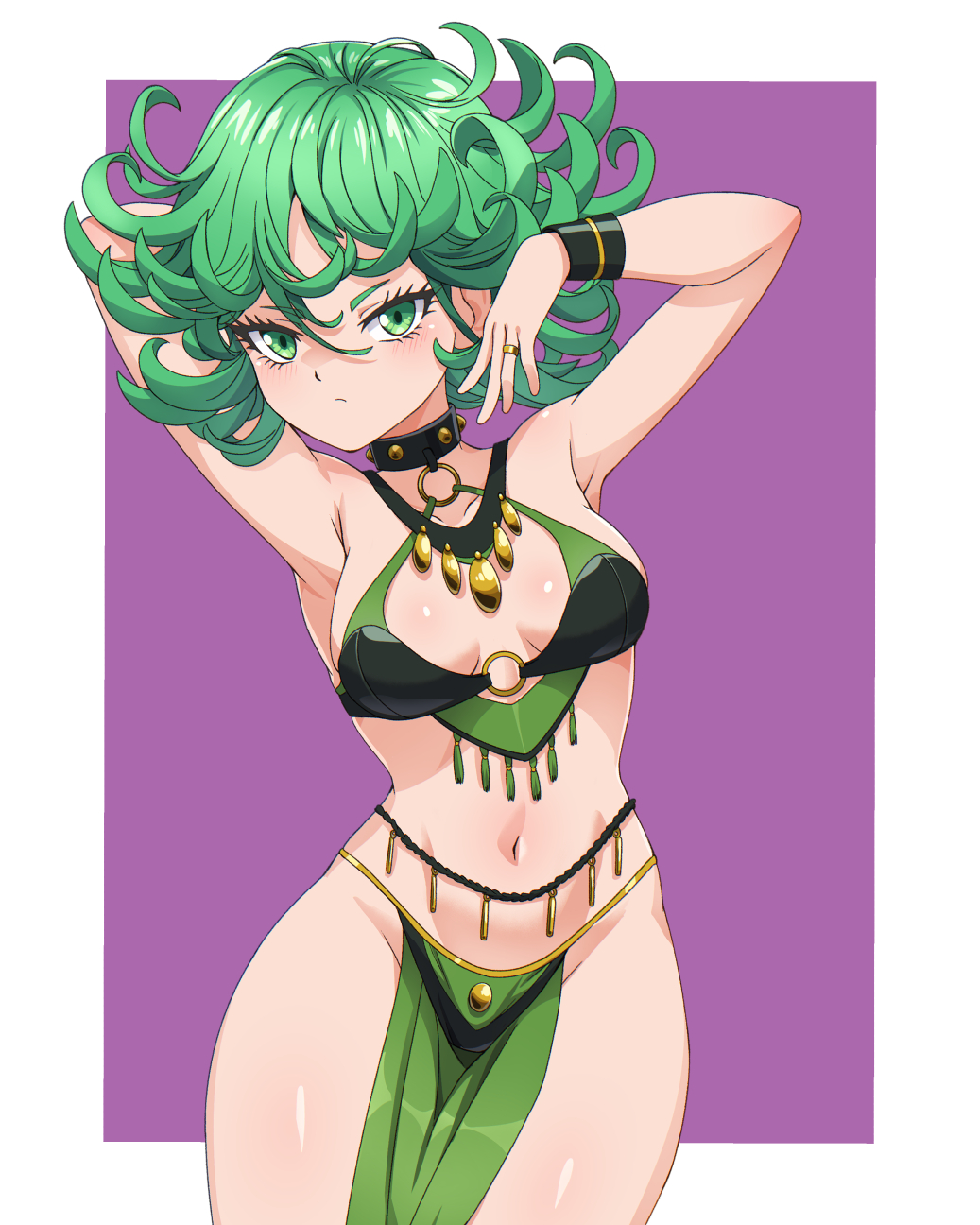1girl, alternate breast size (larger), arabian clothes, armpits, arms up, belly dancer, breasts, choker, cowboy shot, green eyes, green hair, hip cleavage, jewelry, loincloth, medium breasts, navel, one-punch man, pelvic curtain, purple background, tatsumaki, thighs, zuchysdraws