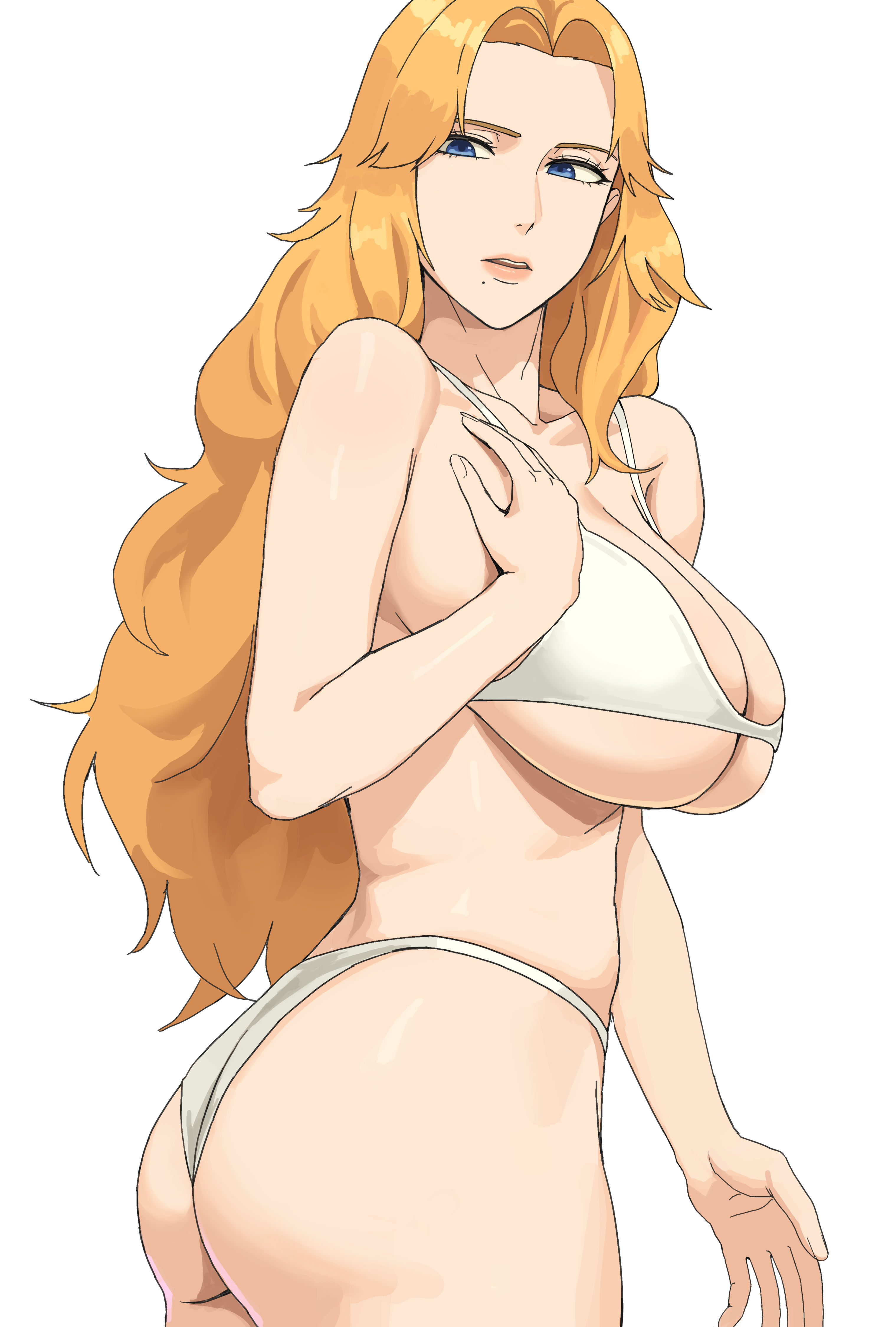 1girls, ass, big breasts, bikini, bikini bottom, bikini top, bleach, blue eyes, bottomwear, breasts, cleavage, female, female only, hair, ksksksa, long hair, matsumoto rangiku, mature, mature female, orange hair, side view, sideboob, solo, solo female, swimwear, topwear, white background, white bikini