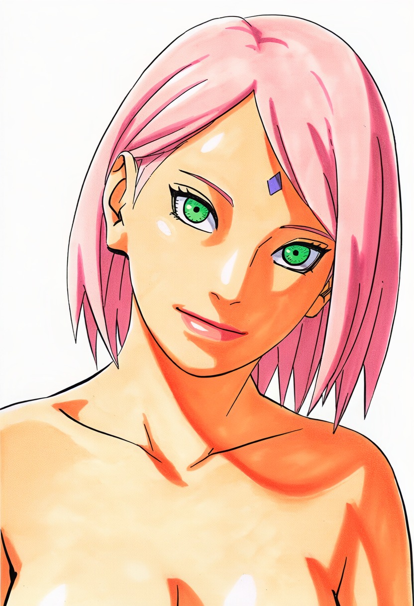 1girls, accurate art style, ai generated, bare shoulders, boruto: naruto next generations, cleavage, close-up, closed mouth, collarbone, completely nude, completely nude female, eyelashes, facing viewer, female, female focus, female only, forehead jewel, forehead mark, front view, full color, green eyes, hair behind ear, haruno sakura, head tilt, high resolution, highres, light skin, light-skinned female, line art, looking at viewer, manga style, masashi kishimoto style, mature female, medium breasts, milf, naruto, naruto (series), no bra, nude, nude female, official style, out-of-frame censoring, parted bangs, pink hair, pink lips, portrait, questionable, sakura haruno, shiny hair, shiny skin, short hair, simple background, smile, soft shading, solo, solo focus, standing, thin eyebrows, topless, topless female, upper body, white background