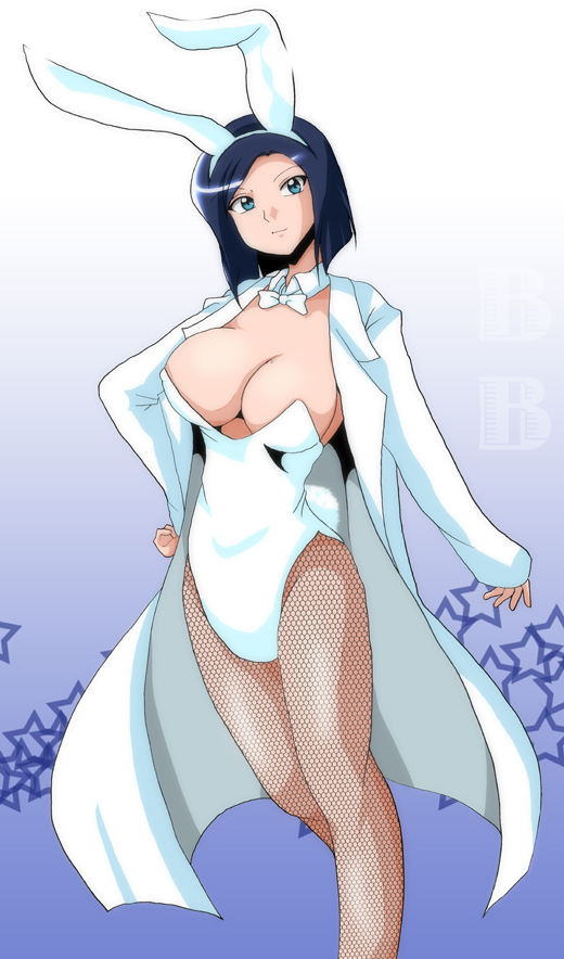 1girls blue_eyes blue_hair bowtie breasts bunny_costume bunny_ears bunnygirl bunnysuit busty cleavage detached_collar female fishnet_pantyhose fishnets kooriyama_aki lab_coat labcoat pantyhose short_hair tawake tokimeki_memorial tokimeki_memorial_4 voluptuous